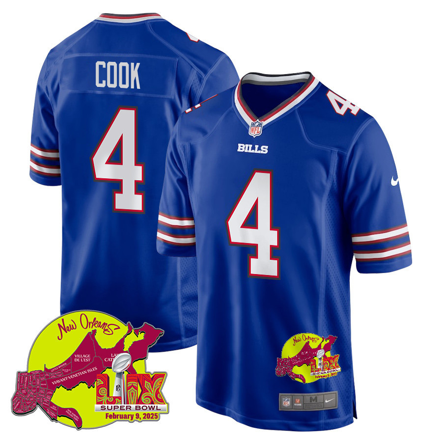 James Cook 4 Buffalo Bills Super Bowl LIX New Orleans Patch Game Men Jersey - Royal