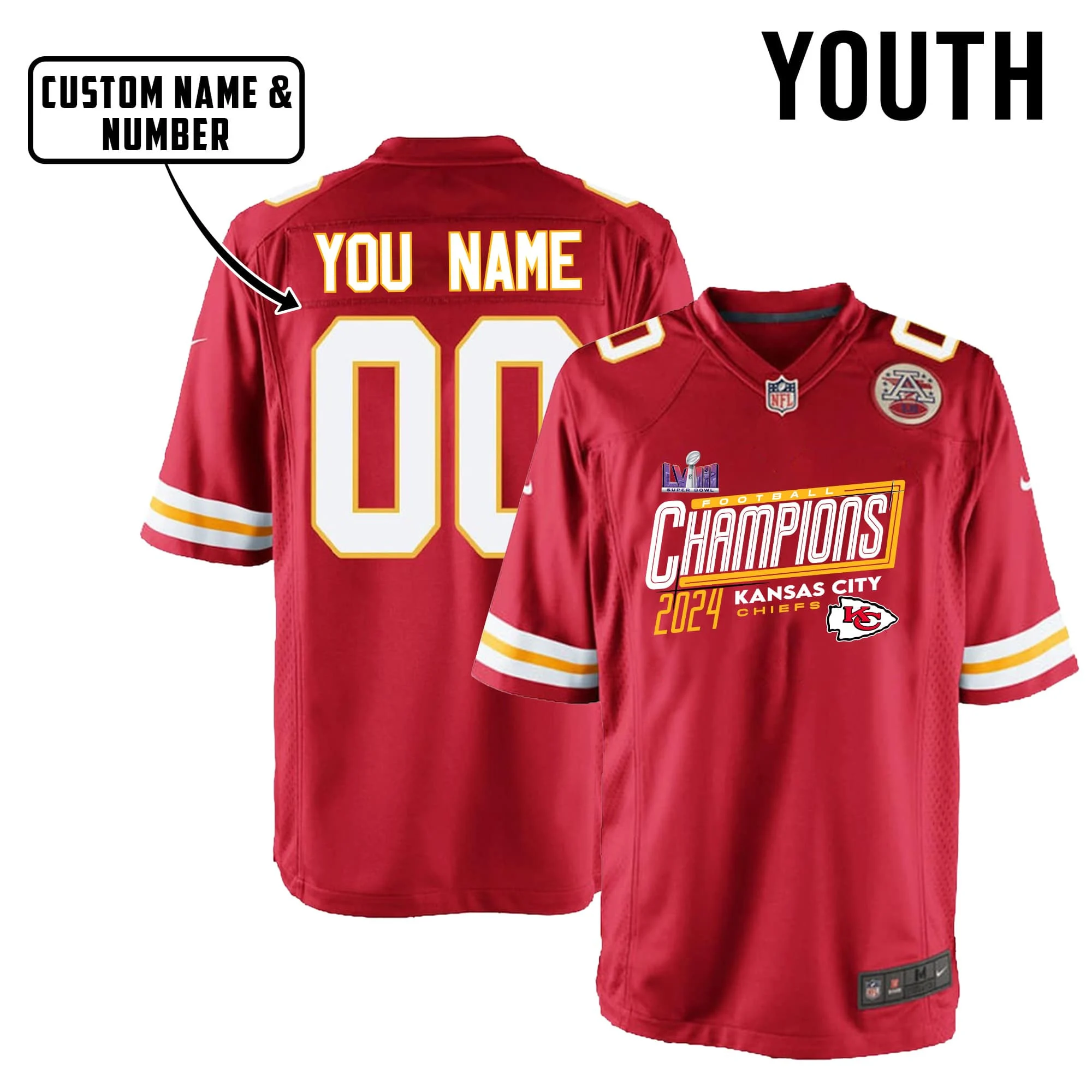 Kansas City Chiefs Football Super Bowl LVIII Champions Game YOUTH Jersey - Red V24