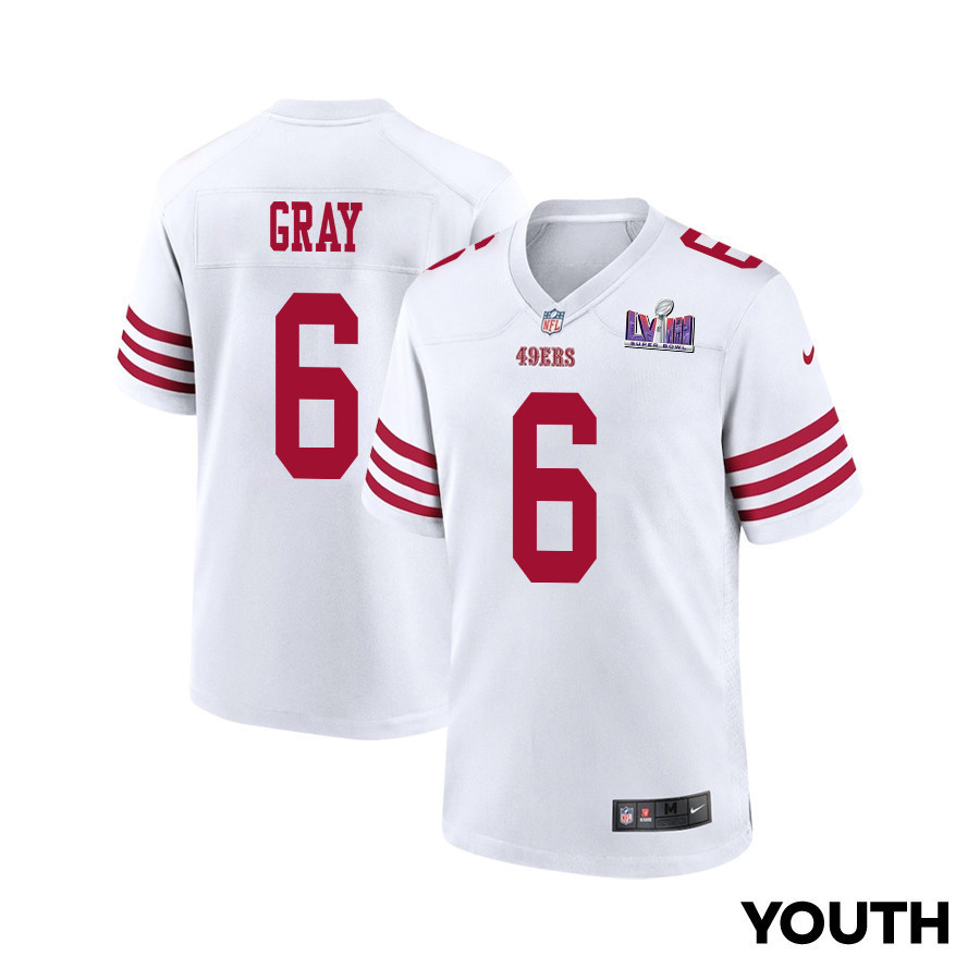 Danny Gray 6 San Francisco 49ers Super Bowl LVIII Patch Game YOUTH Jersey - White