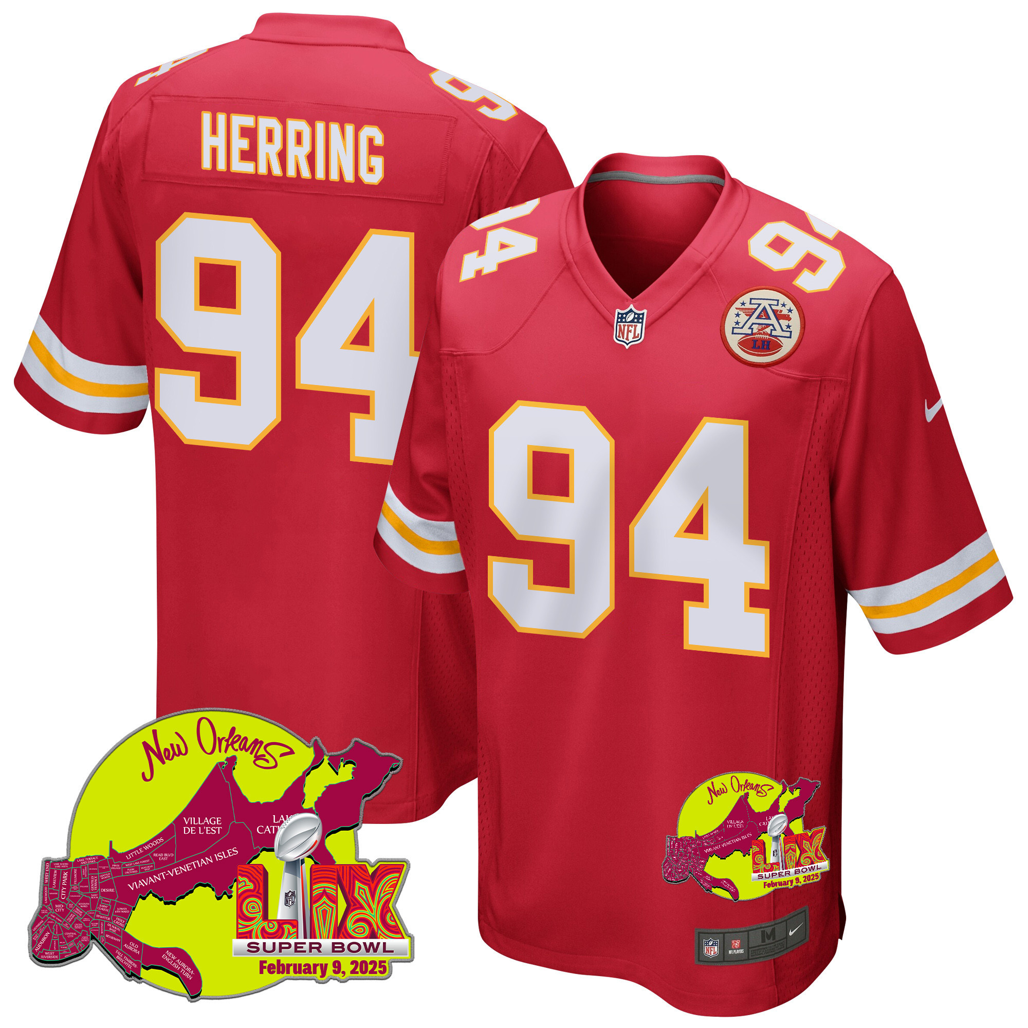 Malik Herring 94 Kansas City Chiefs Super Bowl LIX New Orleans Patch Game Men Jersey - Red