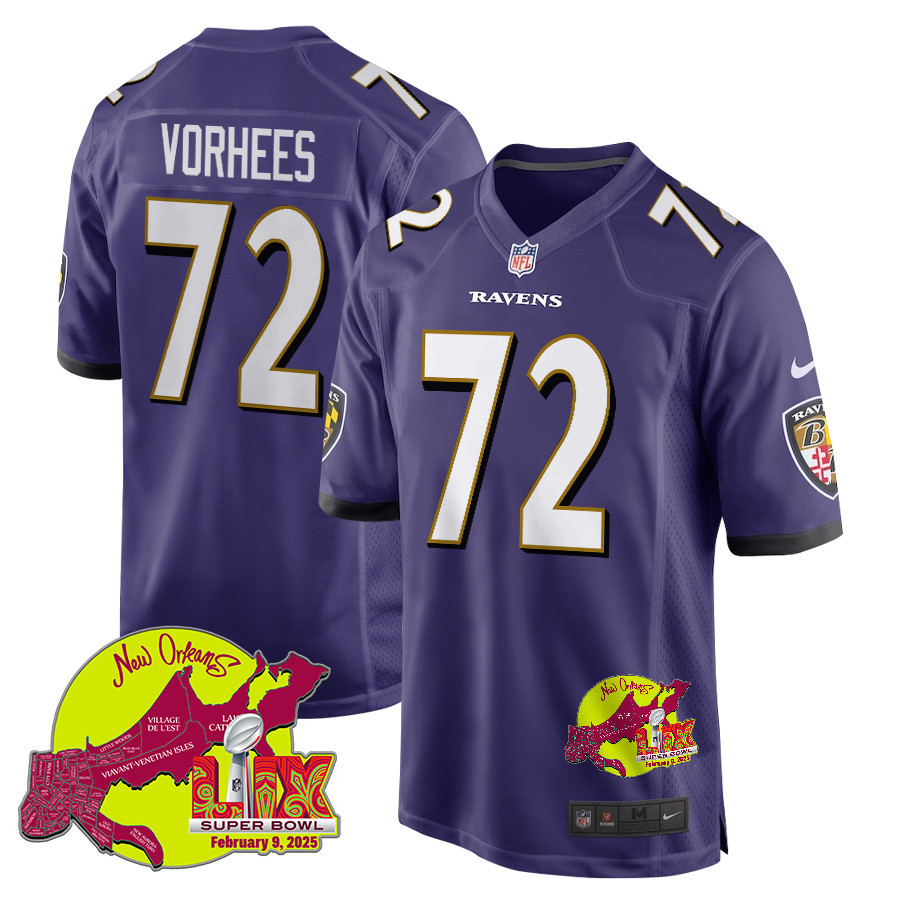 Andrew Vorhees 72 Baltimore Ravens Super Bowl LIX New Orleans Patch Game Men Jersey - Purple