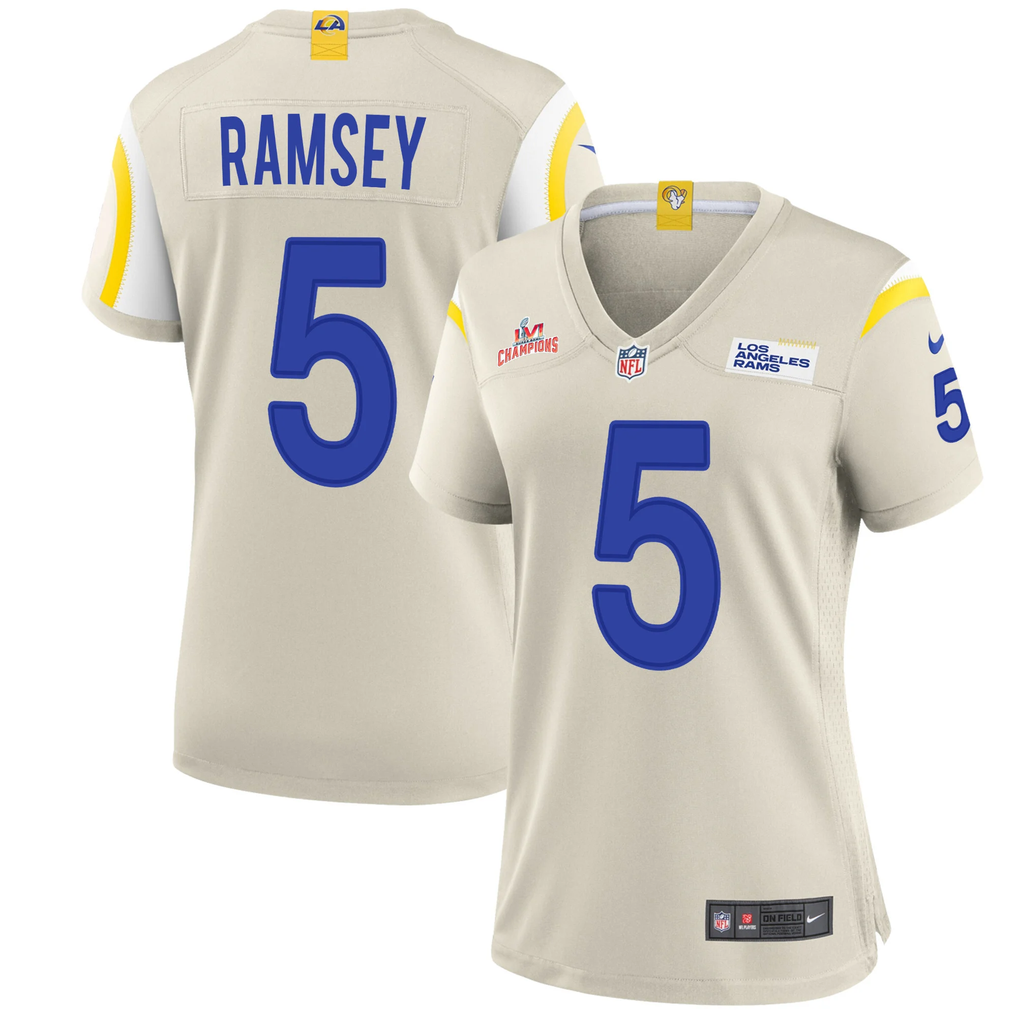 Super Bowl LVI Champions Los Angeles Rams Jalen Ramsey 5 Bone Women's Jersey Jersey