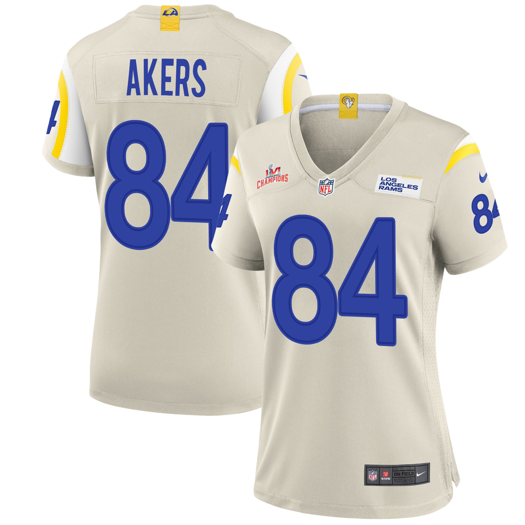 Super Bowl LVI Champions Los Angeles Rams Landen Akers 84 Bone Women's Jersey Jersey