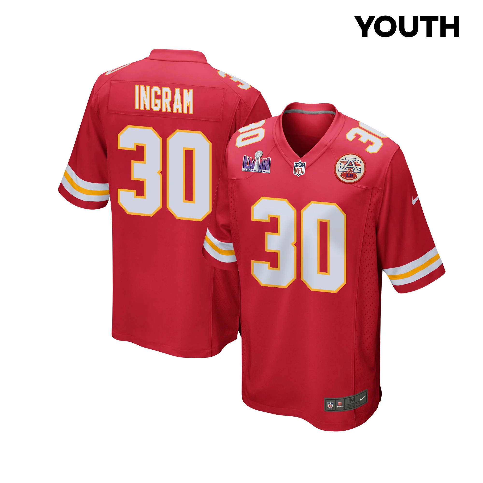 Keaontay Ingram 30 Kansas City Chiefs Super Bowl LVIII Patch Game YOUTH Jersey - Red