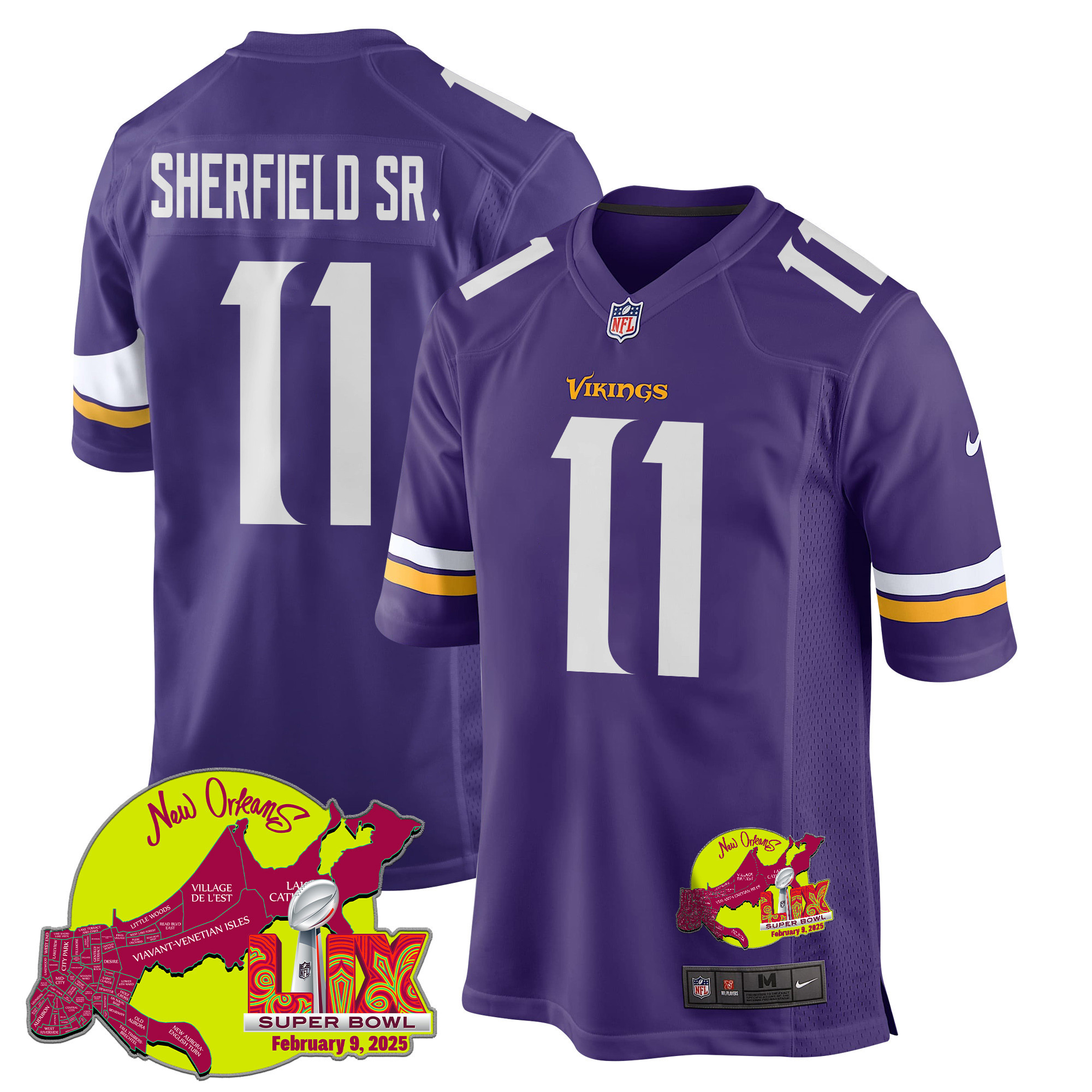 Trent Sherfield Sr. 11 Minnesota Vikings Super Bowl LIX New Orleans Patch Game Men Jersey - Purple