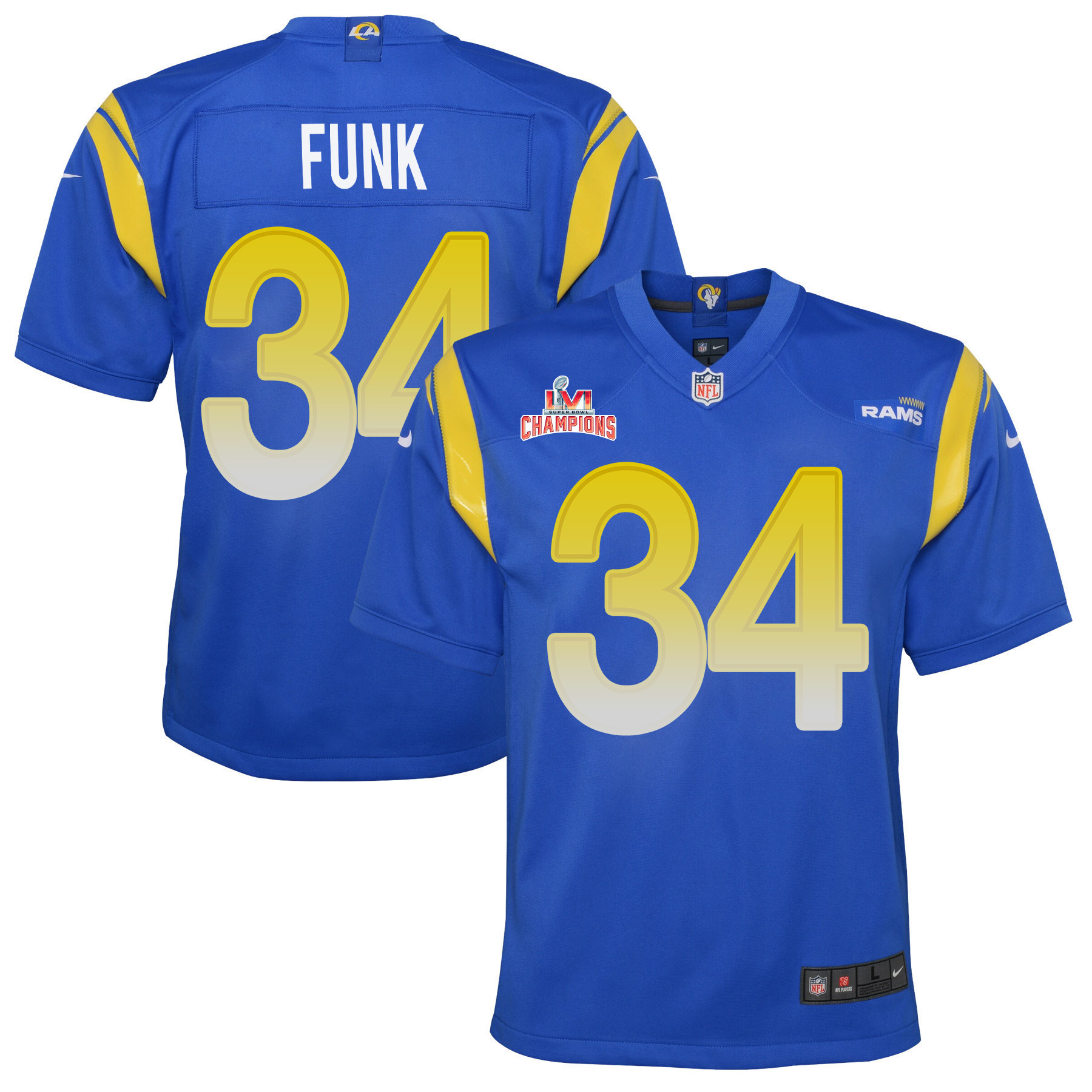Super Bowl LVI Champions Los Angeles Rams Jake Funk 34 Royal Youth's Jersey Jersey