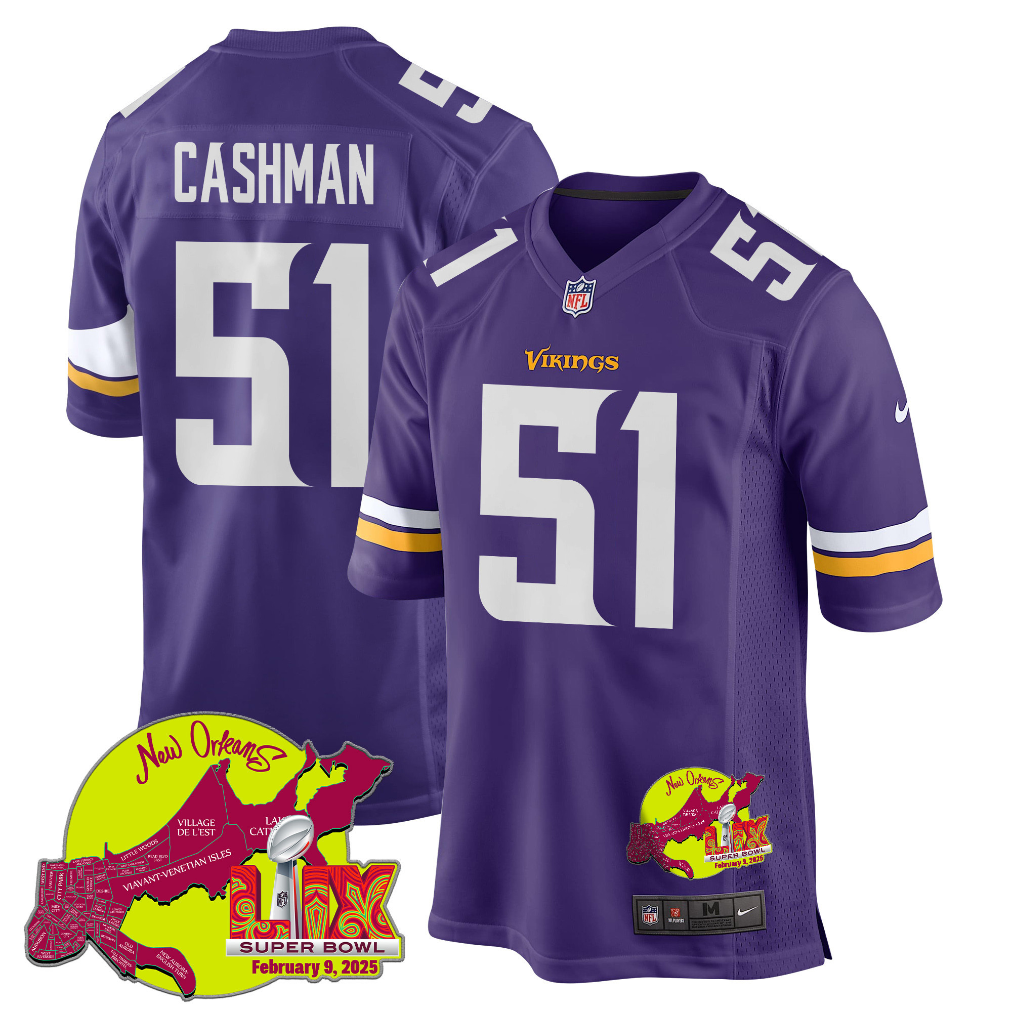 Blake Cashman 51 Minnesota Vikings Super Bowl LIX New Orleans Patch Game Men Jersey - Purple