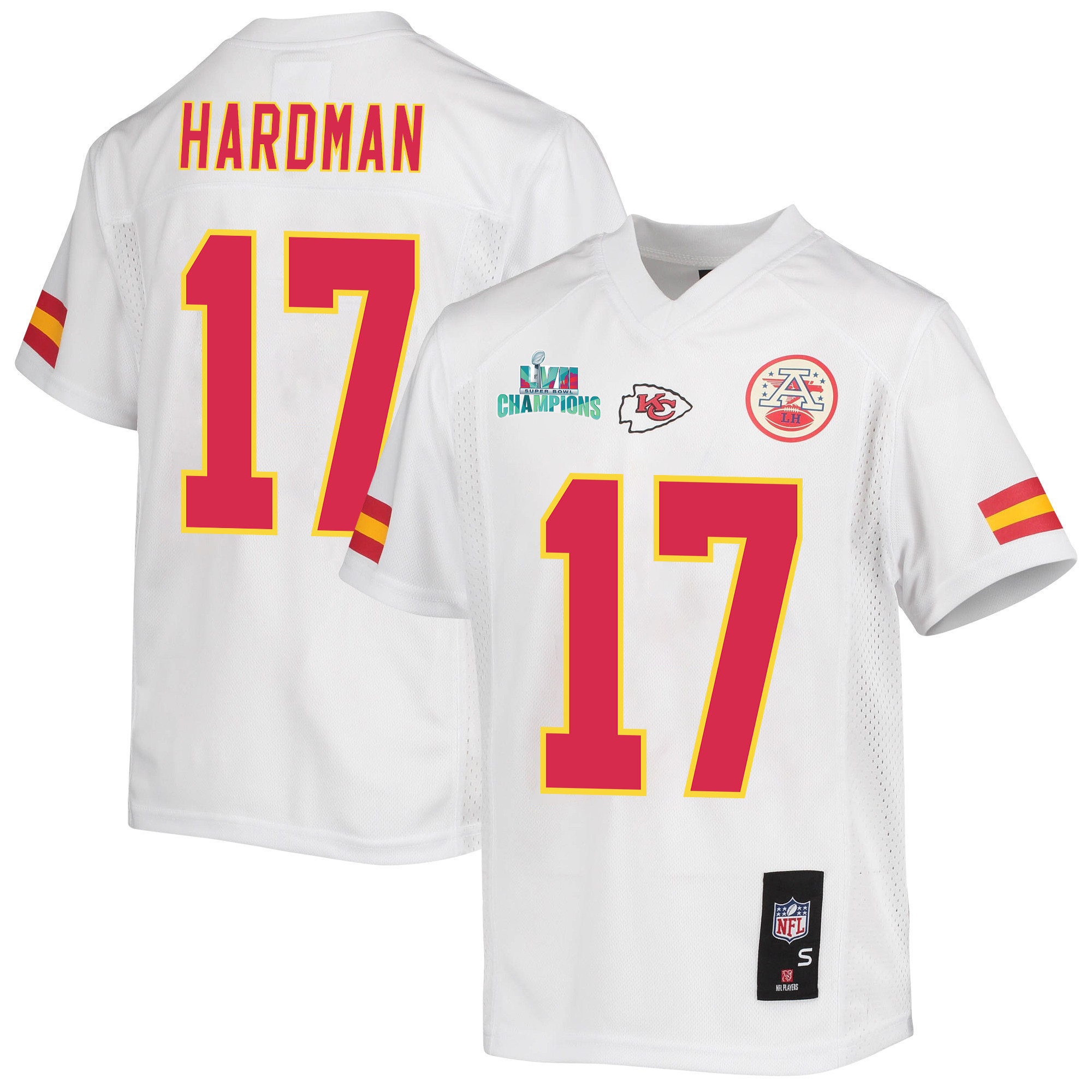 Mecole Hardman 17 Kansas City Chiefs Super Bowl LVII Champions Youth Game Jersey - White