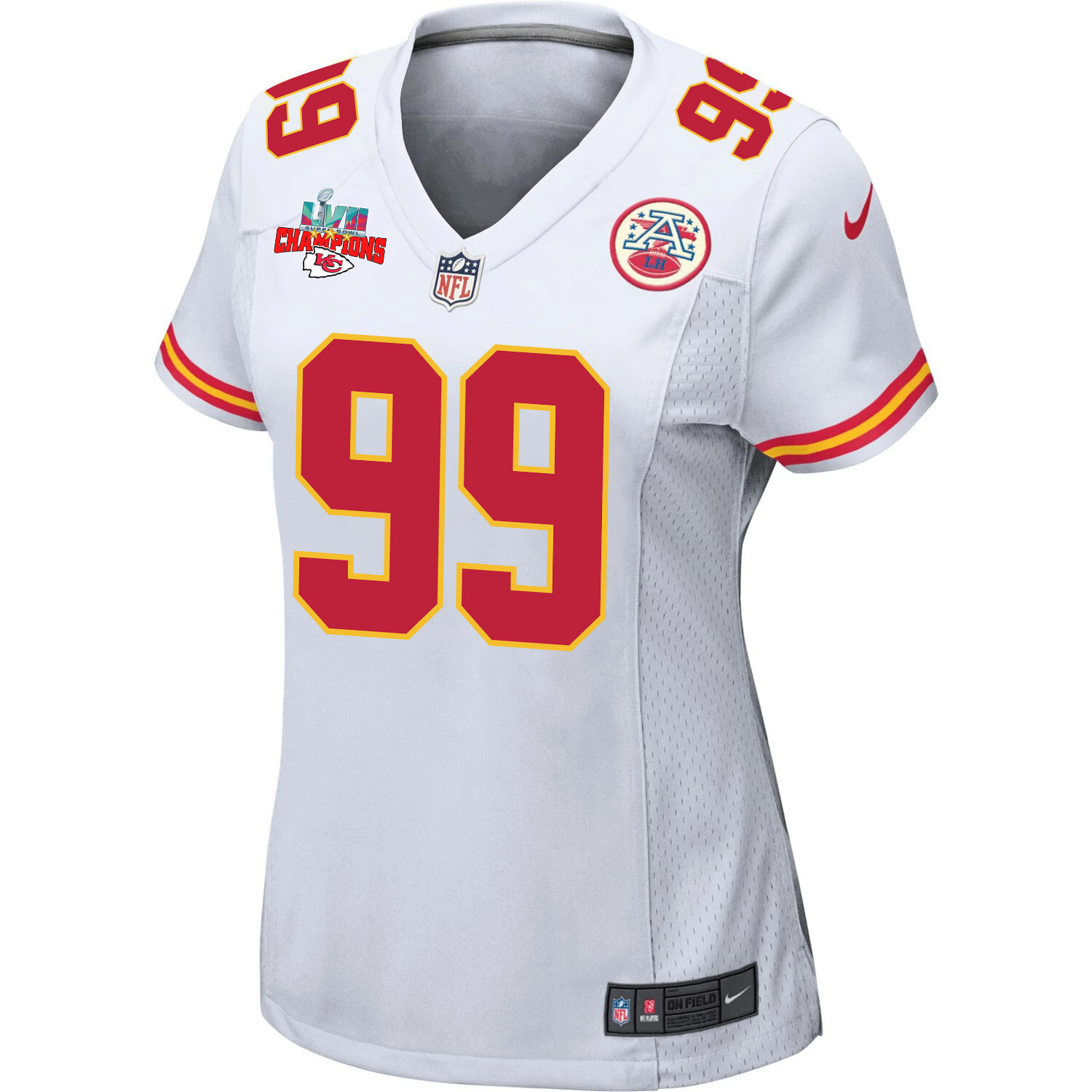 Khalen Saunders 99 Kansas City Chiefs Super Bowl LVII Champions 3 Stars Women Game Jersey - White