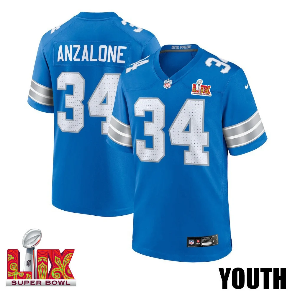 Alex Anzalone #34 Detroit Lions Super Bowl LIX YOUTH Jersey - Blue