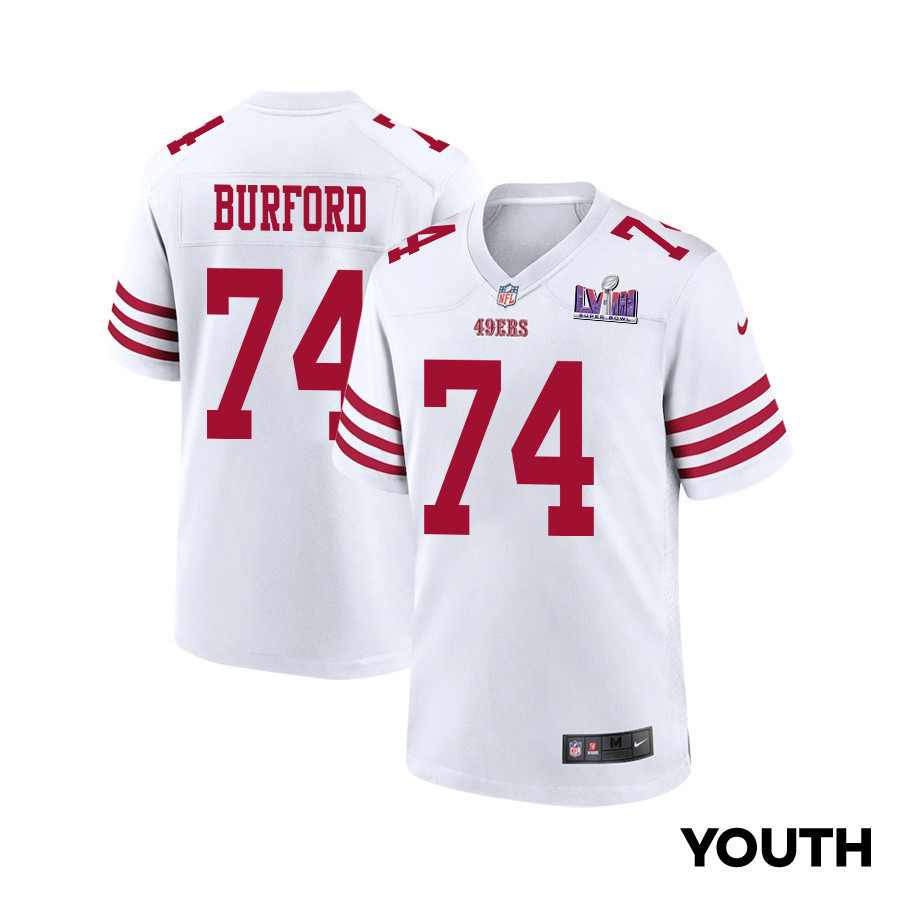 Spencer Burford 74 San Francisco 49ers Super Bowl LVIII Patch Game YOUTH Jersey - White