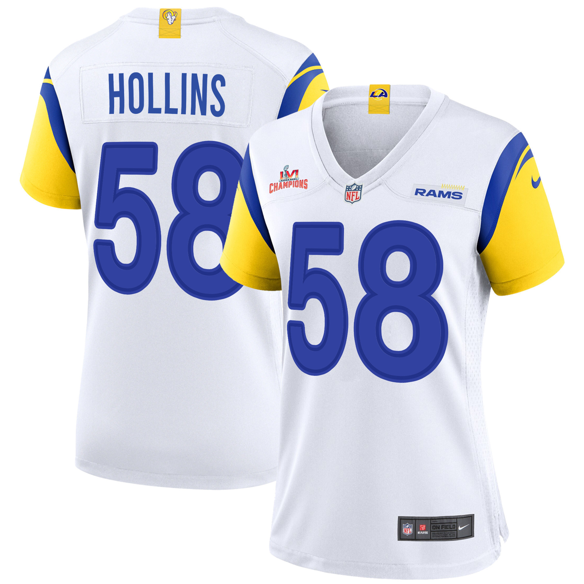 Super Bowl LVI Champions Los Angeles Rams Justin Hollins 58 White Women's Jersey Jersey