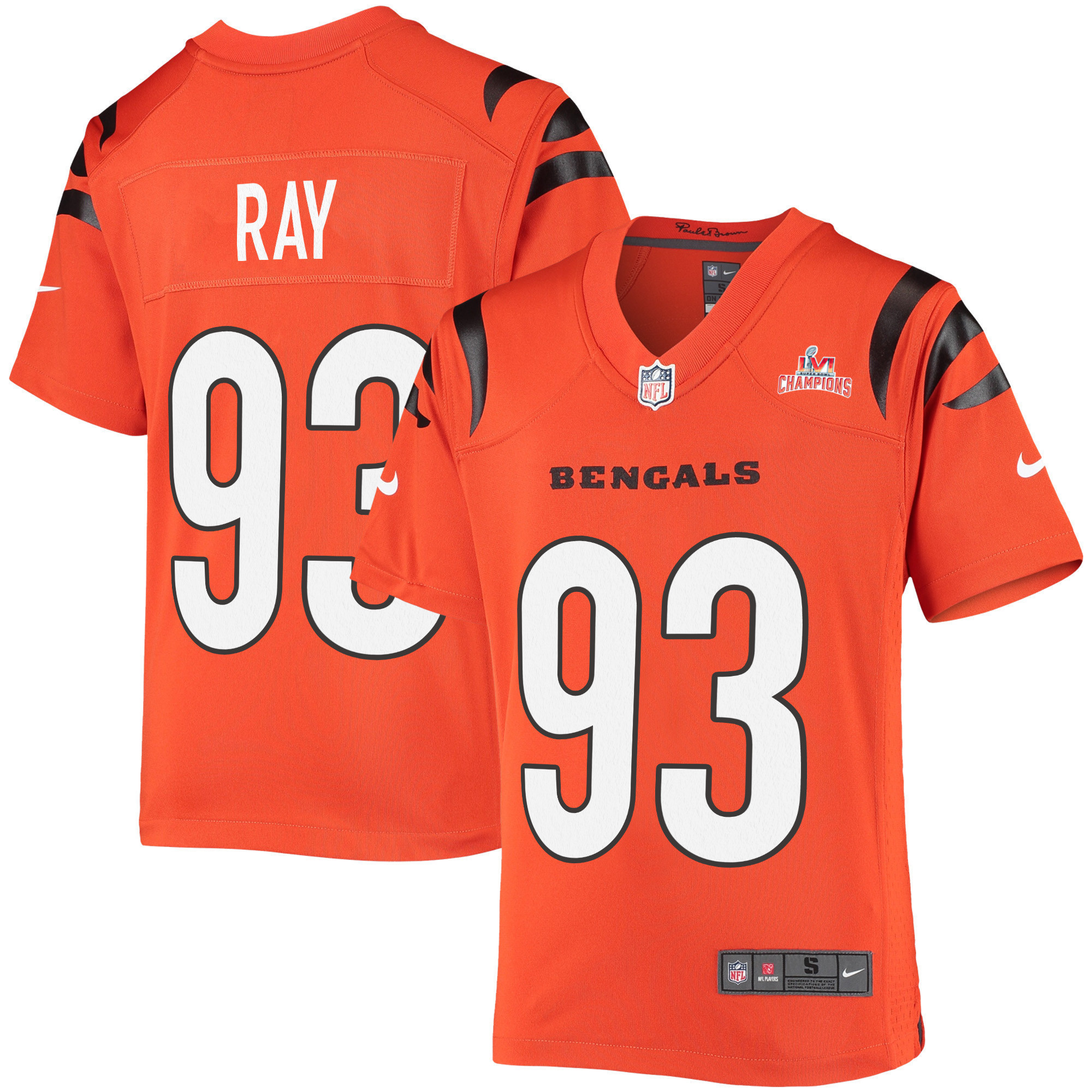 Super Bowl LVI Champions Cincinnati Bengals Wyatt Ray 93 Orange Youth's Jersey Jersey