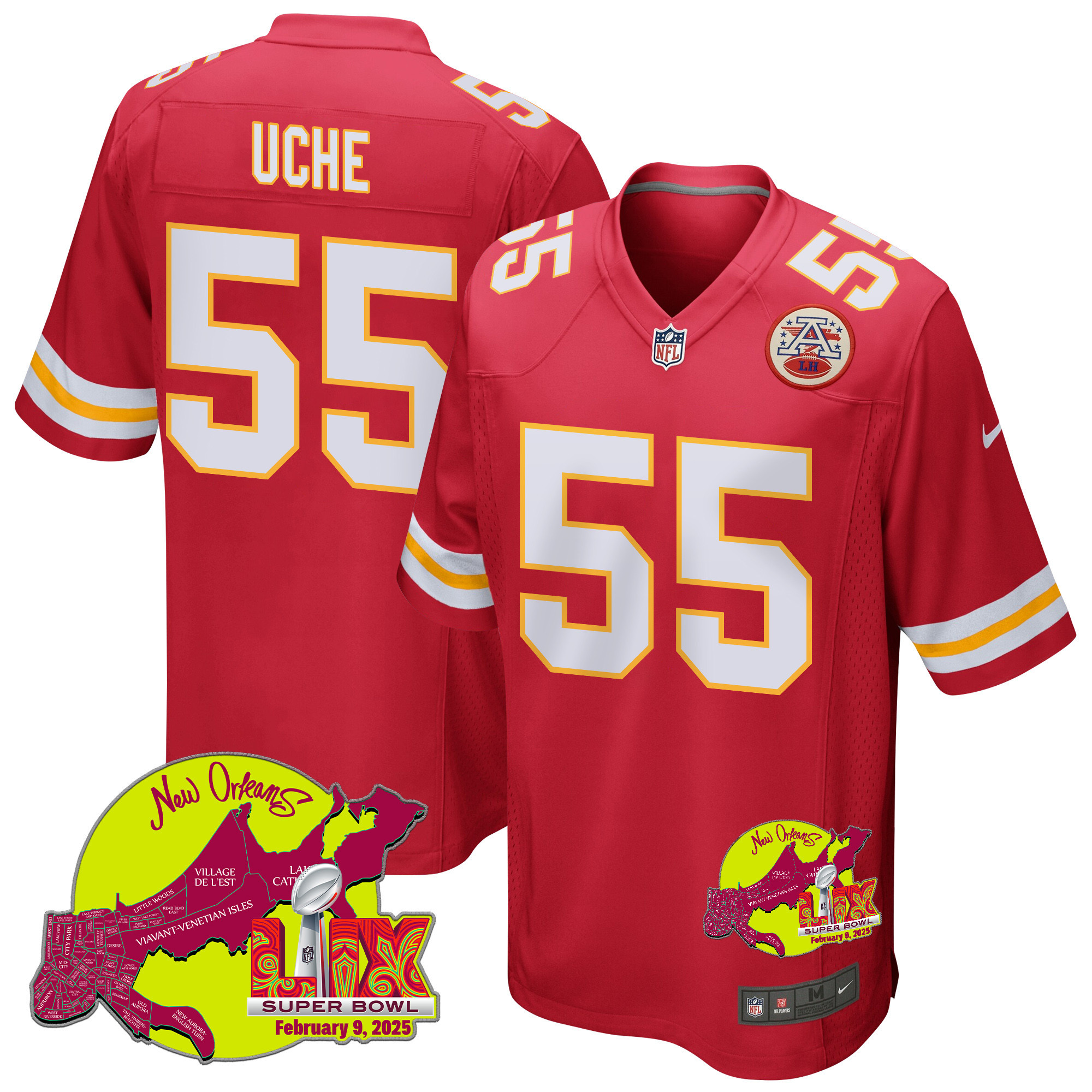 Joshua Uche 55 Kansas City Chiefs Super Bowl LIX New Orleans Patch Game Men Jersey - Red
