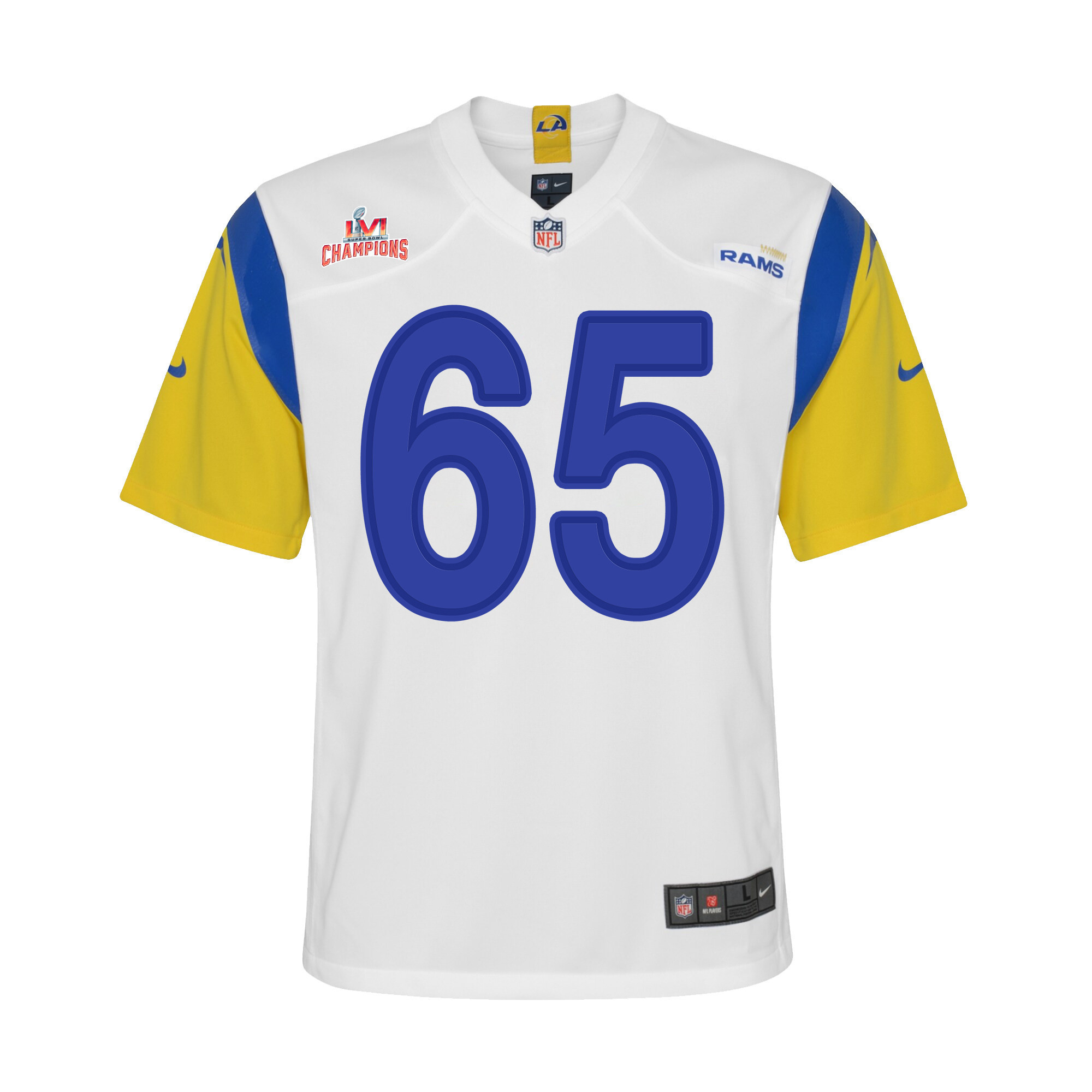 Super Bowl LVI Champions Los Angeles Rams Coleman Shelton 65 White Youth's Jersey Jersey