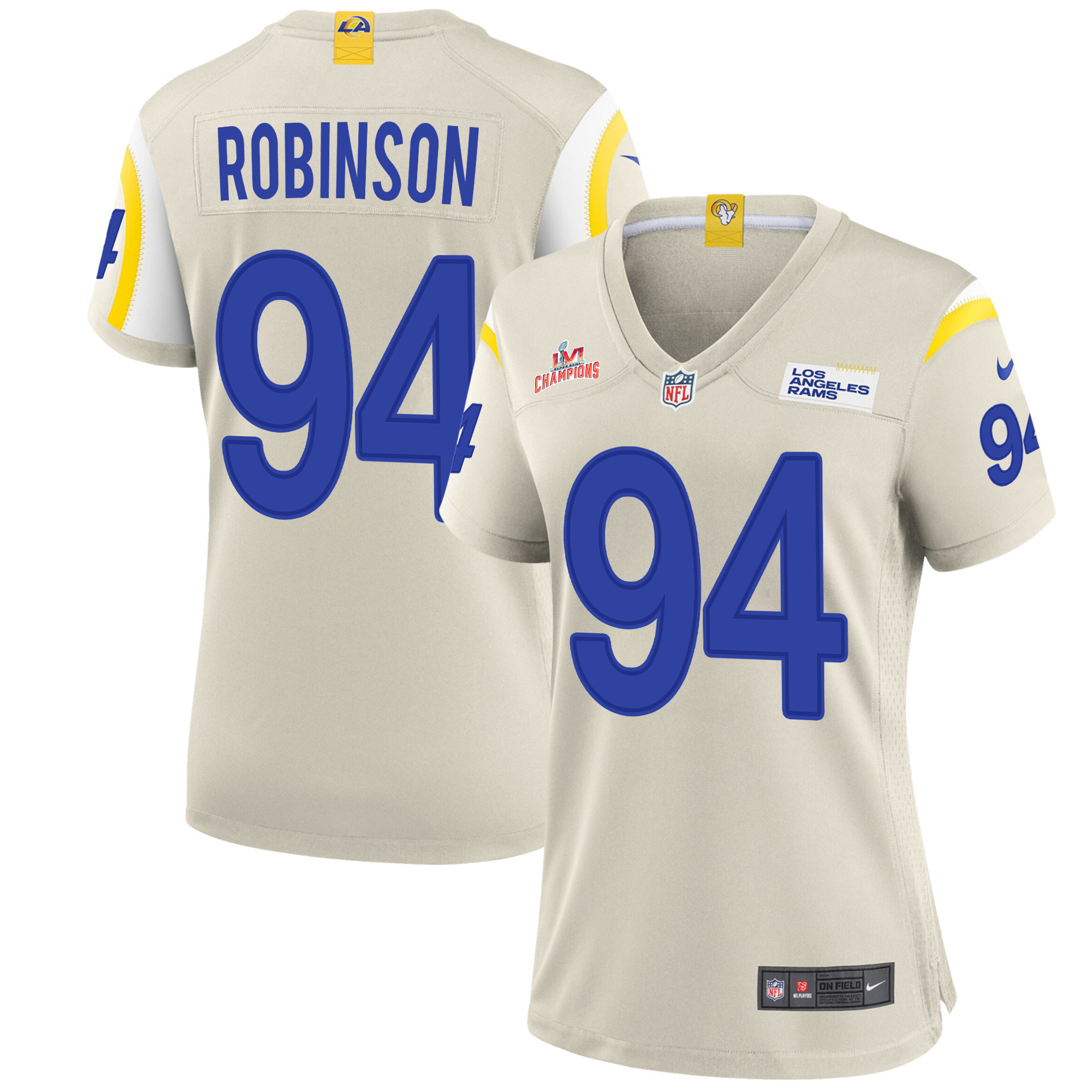 Super Bowl LVI Champions Los Angeles Rams A'Shawn Robinson 94 Bone Women's Jersey Jersey
