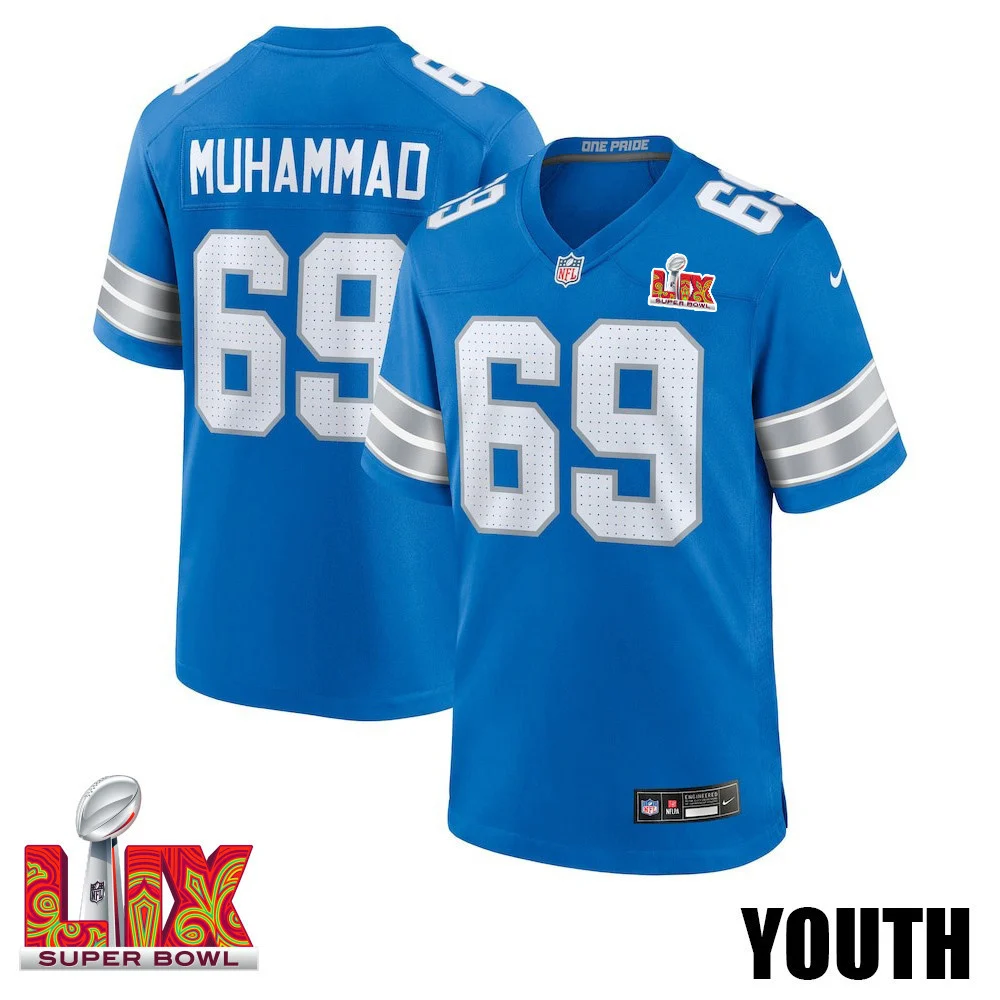 Al-Quadin Muhammad #69 Detroit Lions Super Bowl LIX YOUTH Jersey - Blue
