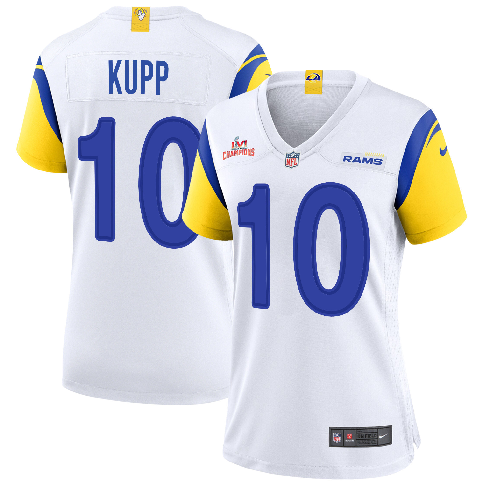 Super Bowl LVI Champions Los Angeles Rams Cooper Kupp 10 White Women's Jersey Jersey