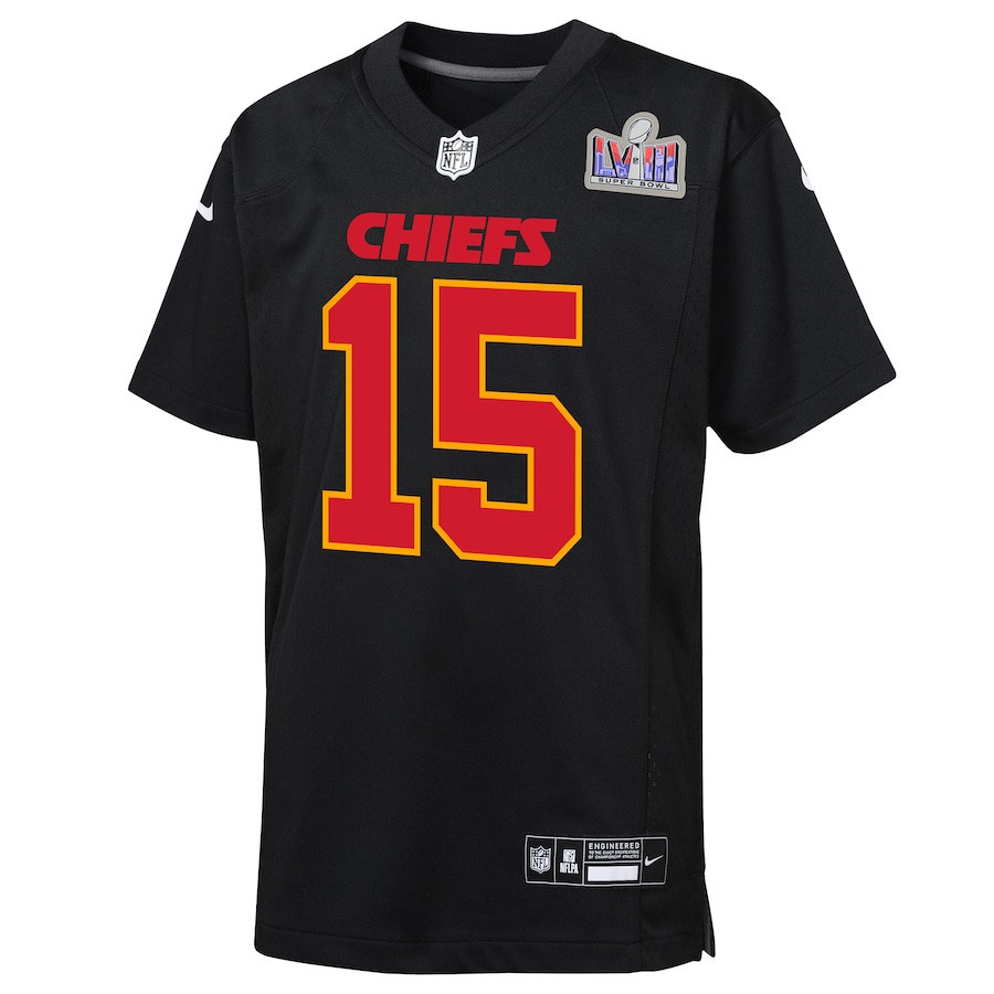 Patrick Mahomes 15 Kansas City Chiefs Super Bowl LVIII Patch Fashion Game YOUTH Jersey - Carbon Black