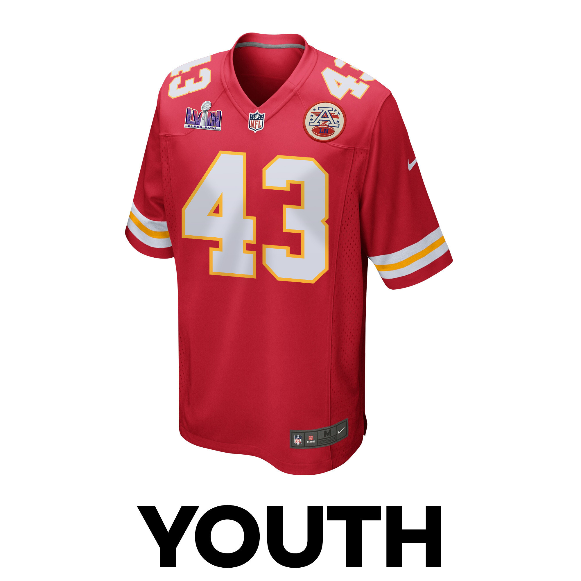 Jack Cochrane 43 Kansas City Chiefs Super Bowl LVIII Patch Game YOUTH Jersey - Red