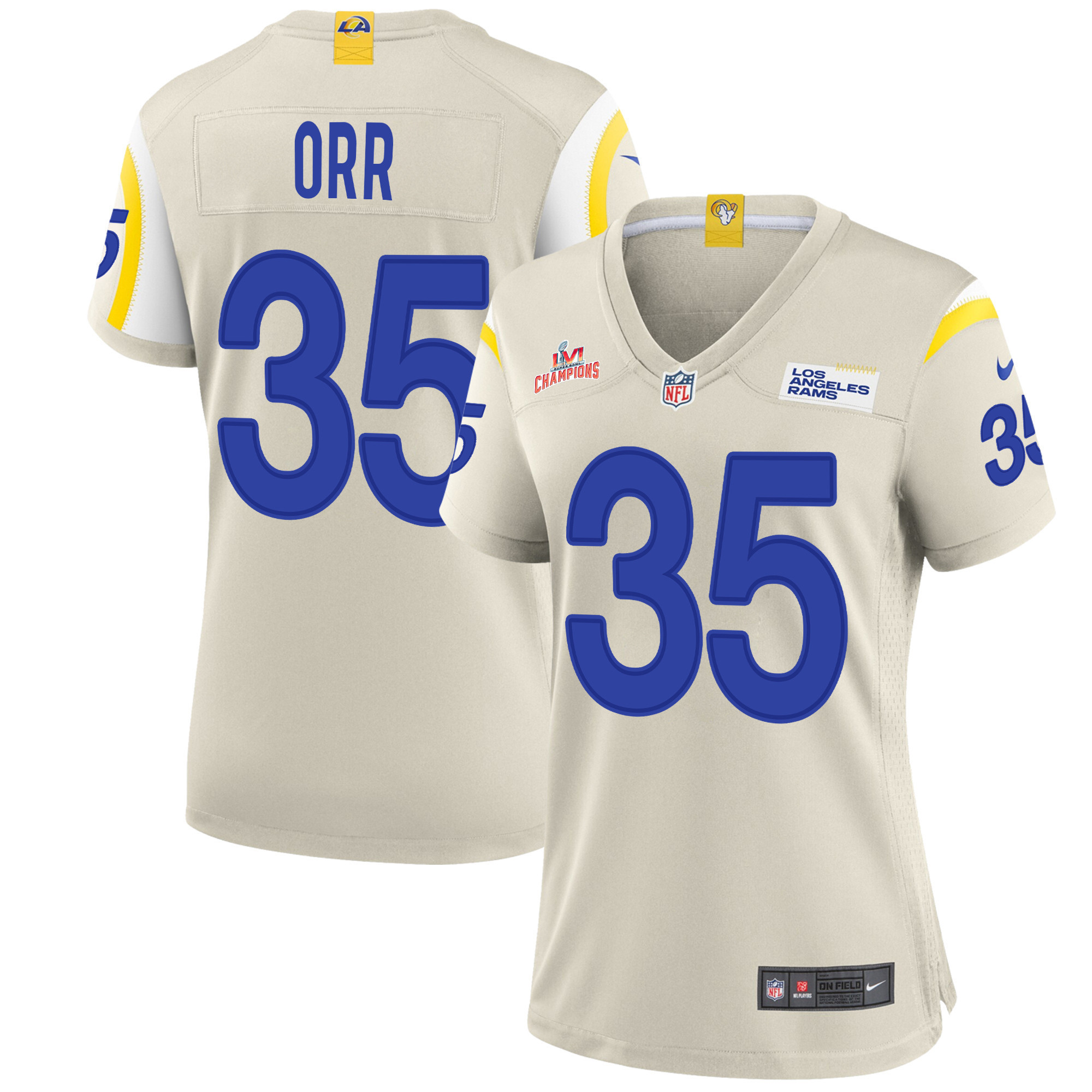 Super Bowl LVI Champions Los Angeles Rams Kareem Orr 35 Bone Women's Jersey Jersey