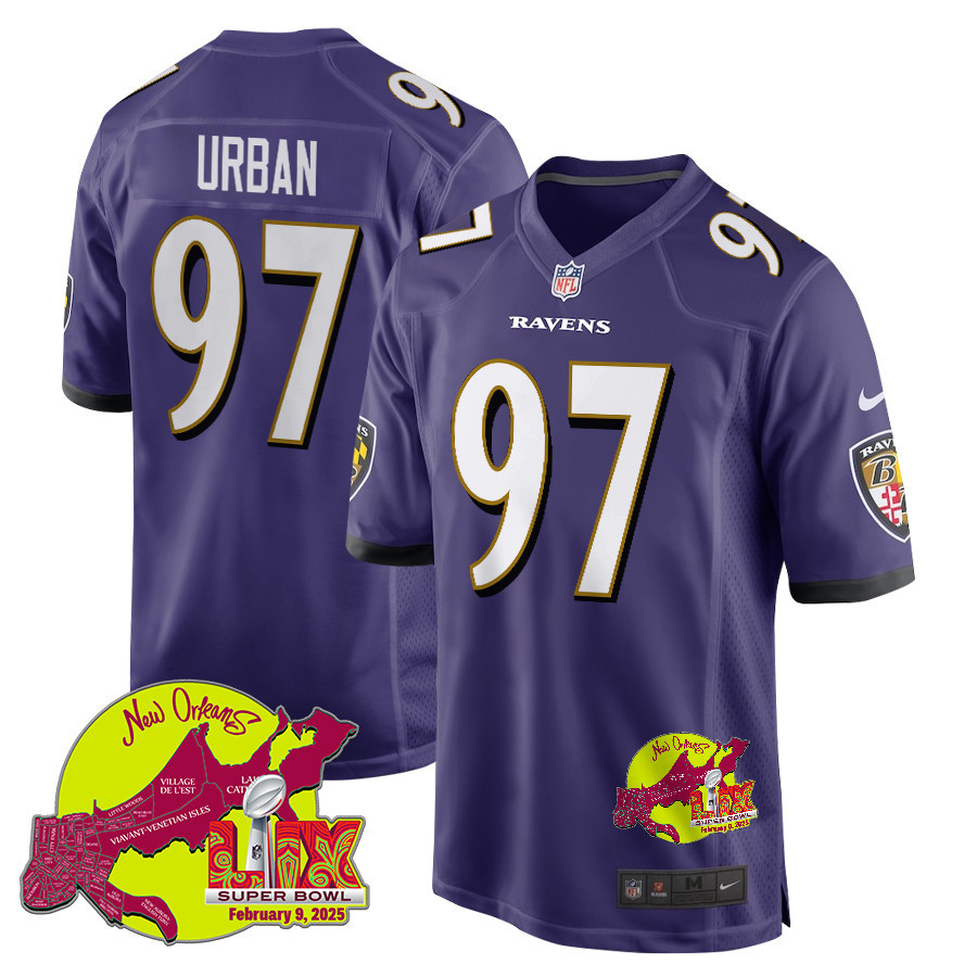 Brent Urban 97 Baltimore Ravens Super Bowl LIX New Orleans Patch Game Men Jersey - Purple