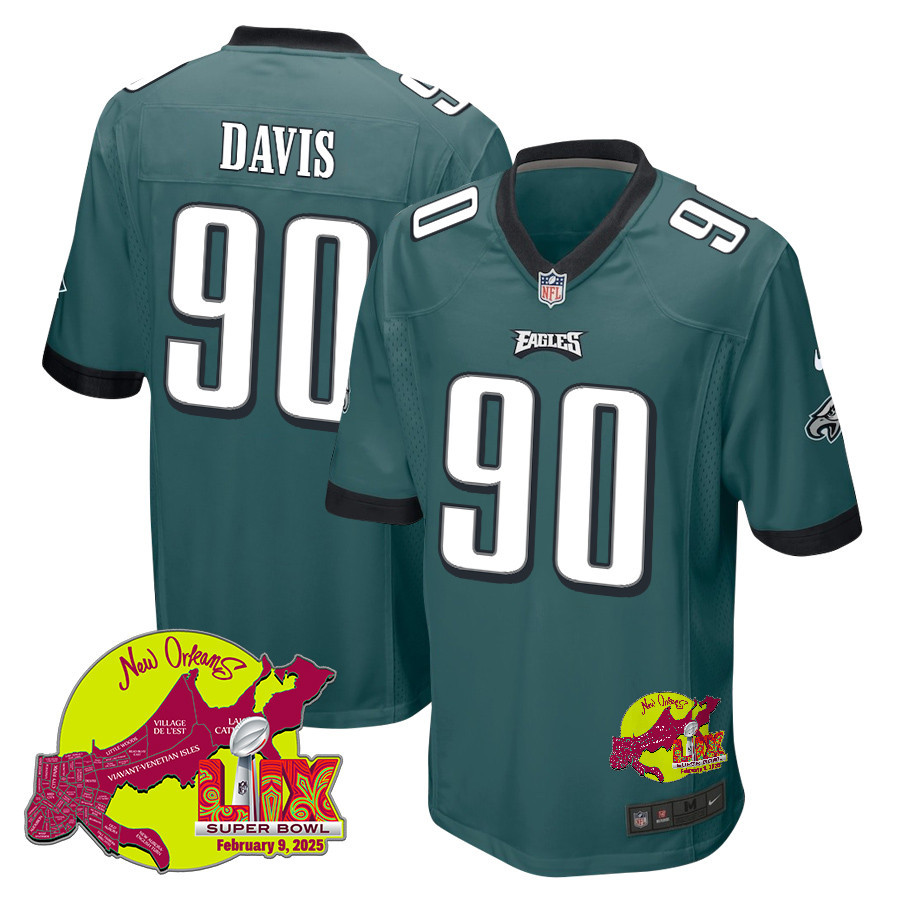 Jordan Davis 90 Philadelphia Eagles Super Bowl LIX New Orleans Patch Game Men Jersey - Midnight Green