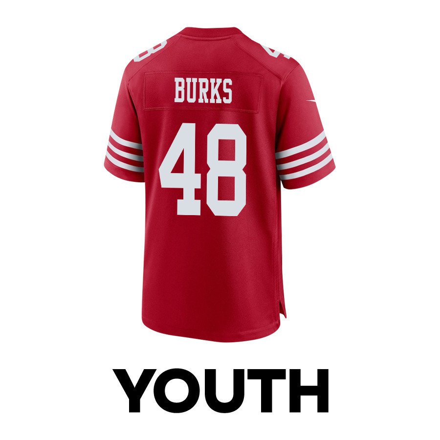 Oren Burks 48 San Francisco 49ers Super Bowl LVIII Patch Game YOUTH Jersey - Scarlet