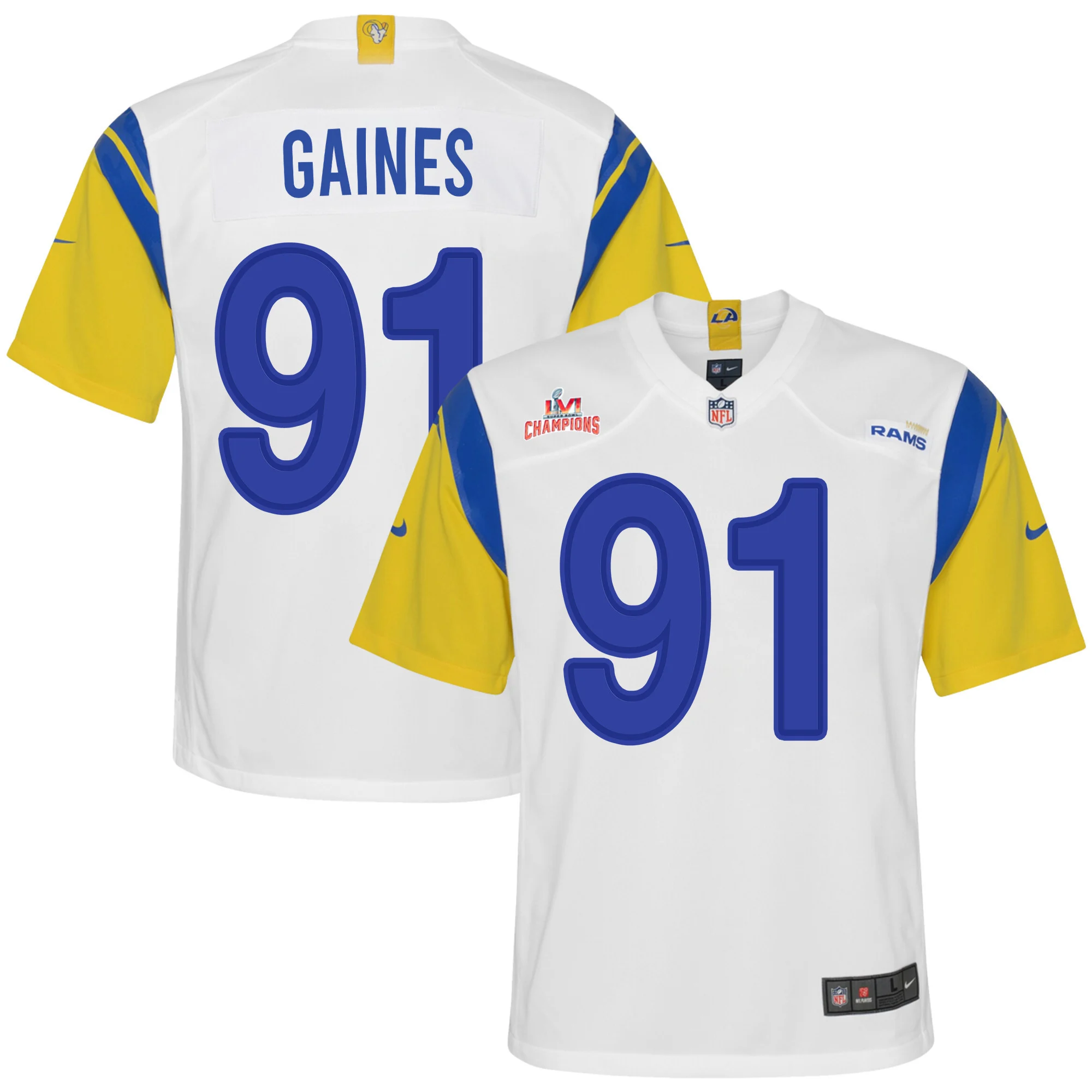 Super Bowl LVI Champions Los Angeles Rams Greg Gaines 91 White Youth's Jersey Jersey