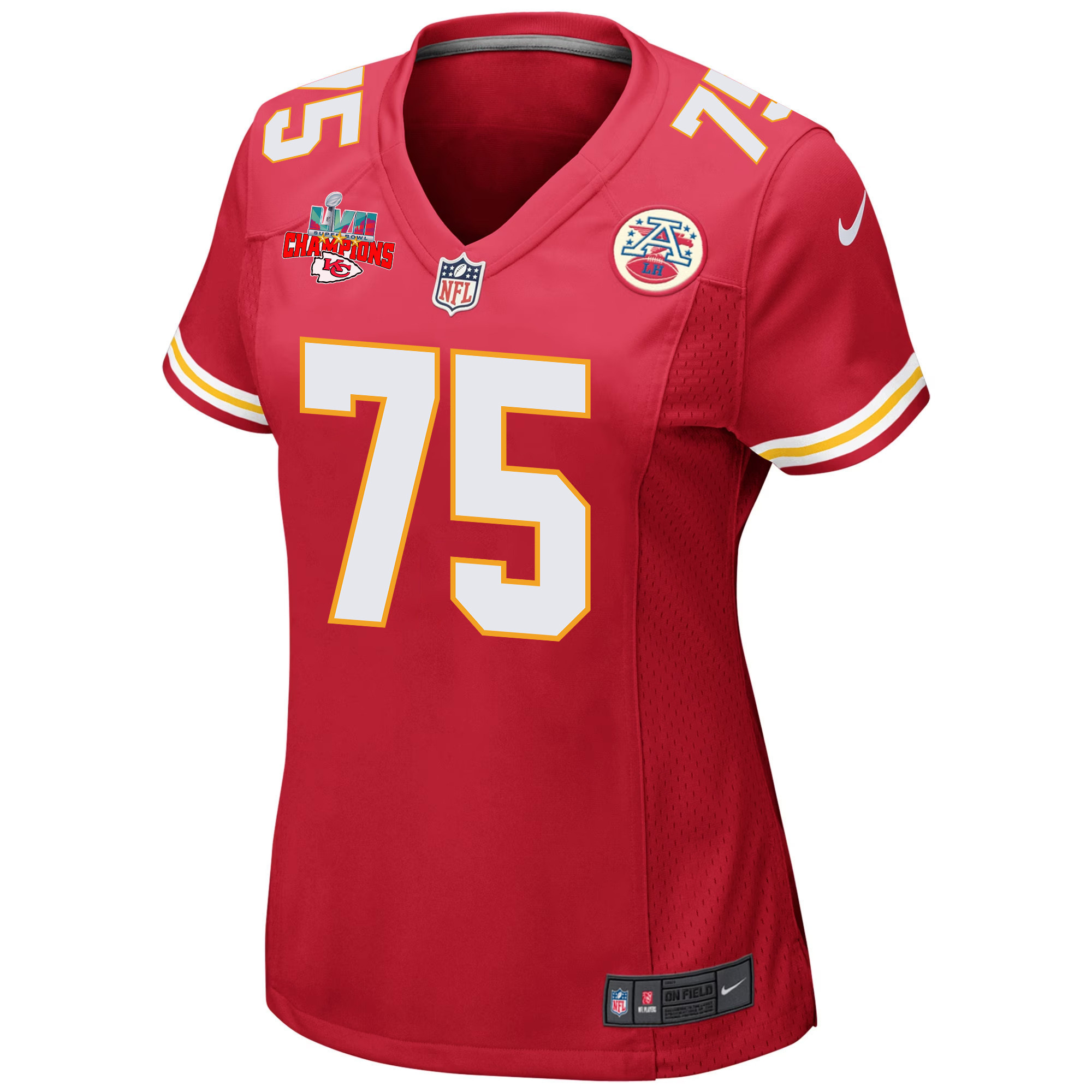Darian Kinnard 75 Kansas City Chiefs Super Bowl LVII Champions 3 Stars Women Game Jersey - Red
