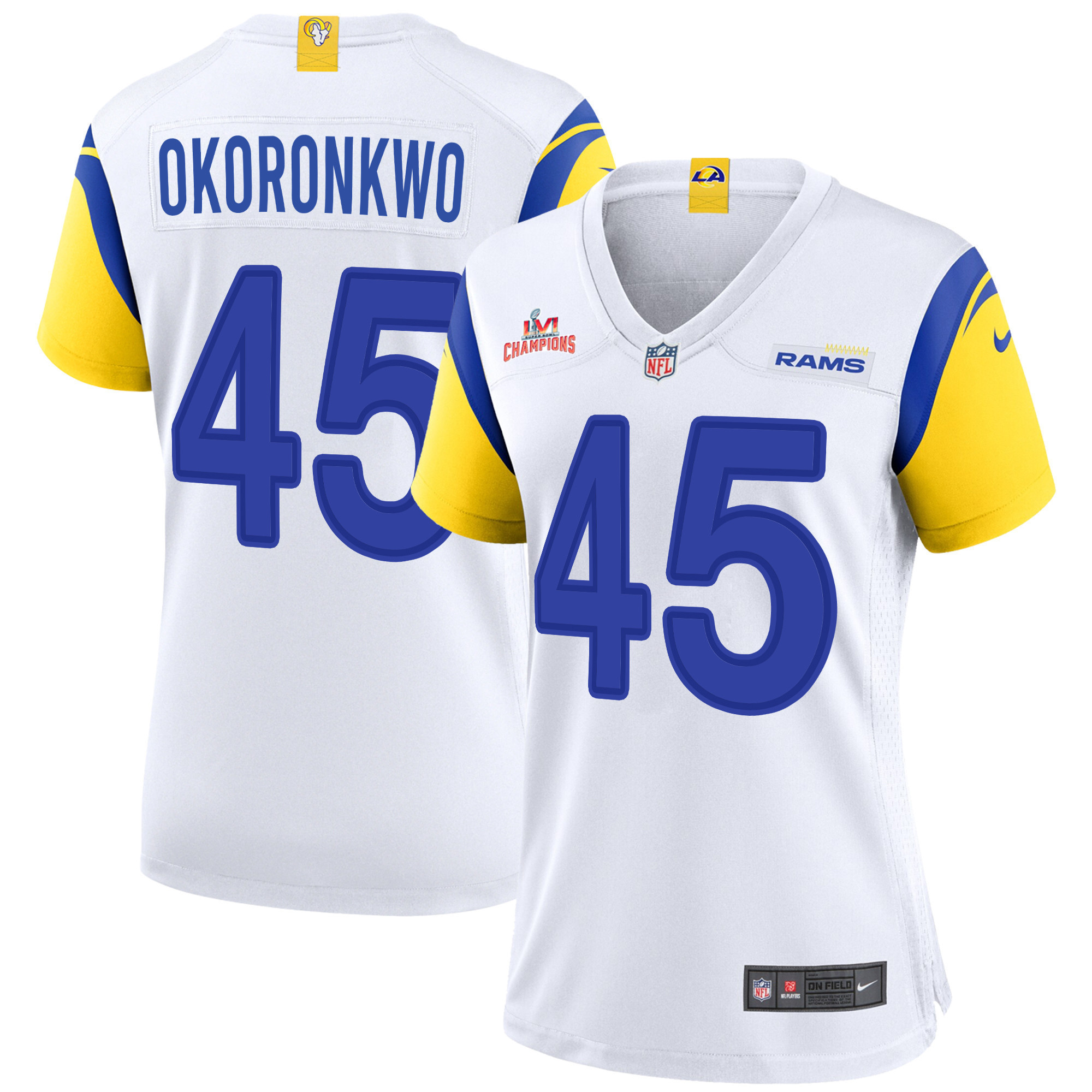 Super Bowl LVI Champions Los Angeles Rams Ogbonnia Okoronkwo 45 White Women's Jersey Jersey