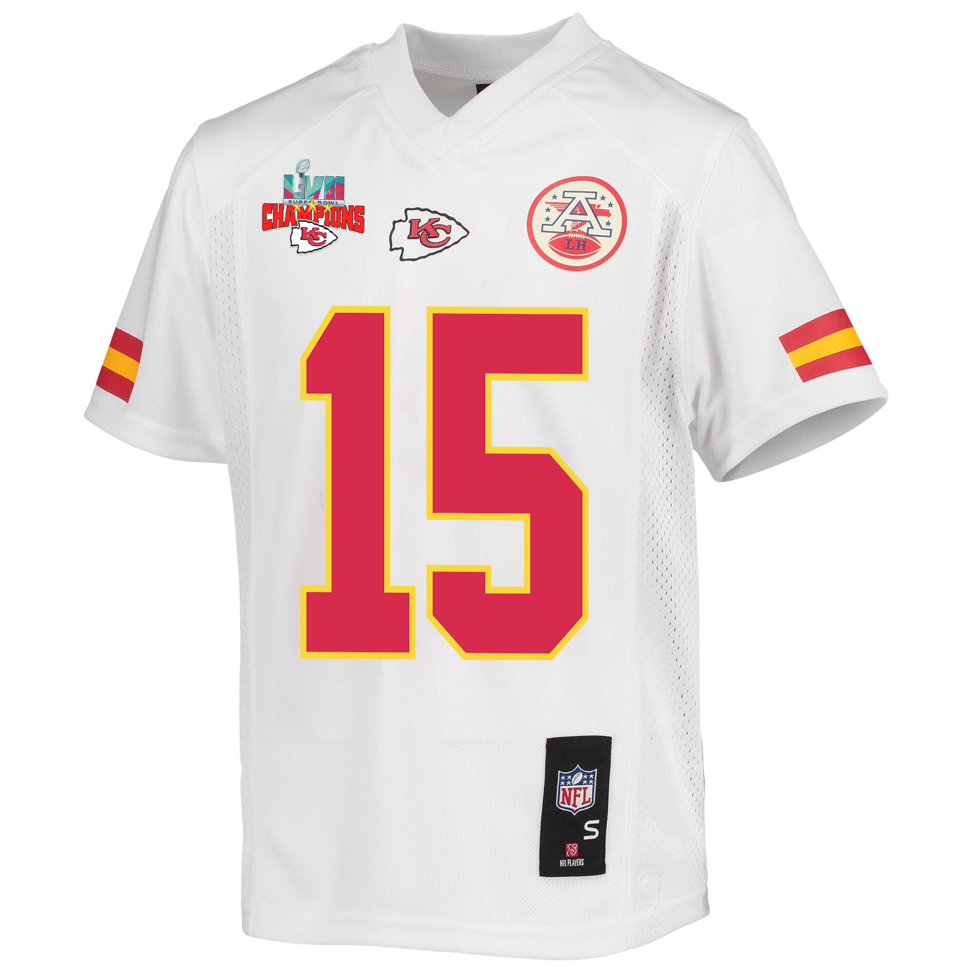Patrick Mahomes 15 Kansas City Chiefs Super Bowl LVII Champions 3 Stars Youth Game Jersey - White