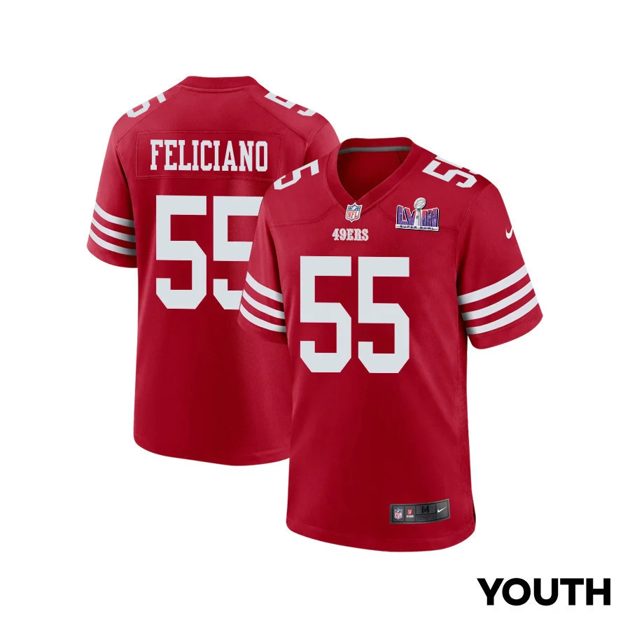 Jon Feliciano 55 San Francisco 49ers Super Bowl LVIII Patch Game YOUTH Jersey - Scarlet