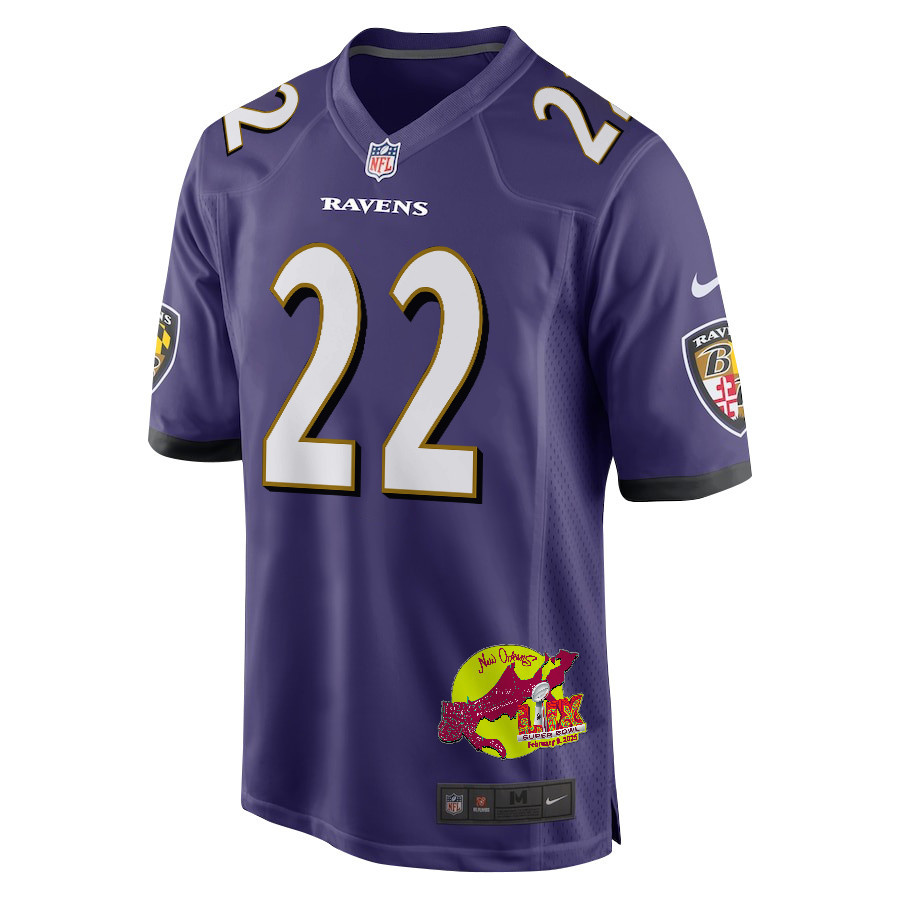 Derrick Henry 22 Baltimore Ravens Super Bowl LIX New Orleans Patch Game Men Jersey - Purple
