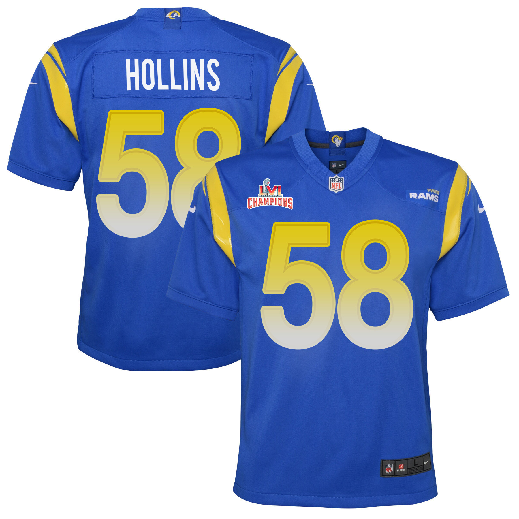 Super Bowl LVI Champions Los Angeles Rams Justin Hollins 58 Royal Youth's Jersey Jersey