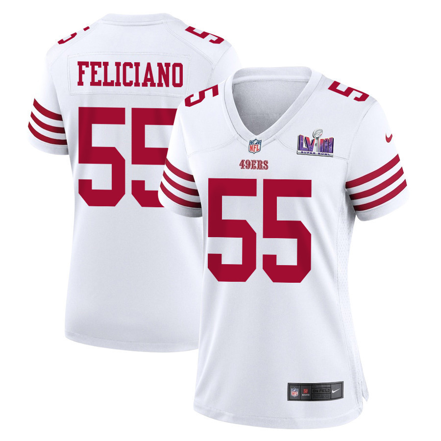 Jon Feliciano 55 San Francisco 49ers Super Bowl LVIII Patch Game Women Jersey - White