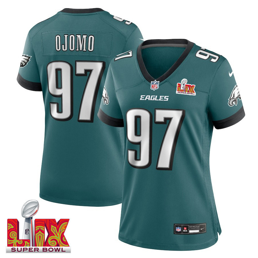Moro Ojomo #97 Philadelphia Eagles Super Bowl LIX Women's Jersey - Midnight Green