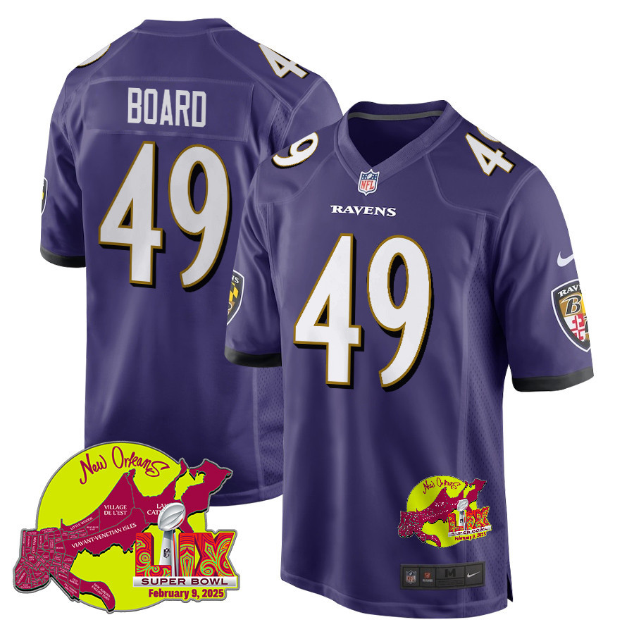 Chris Board 49 Baltimore Ravens Super Bowl LIX New Orleans Patch Game Men Jersey - Purple