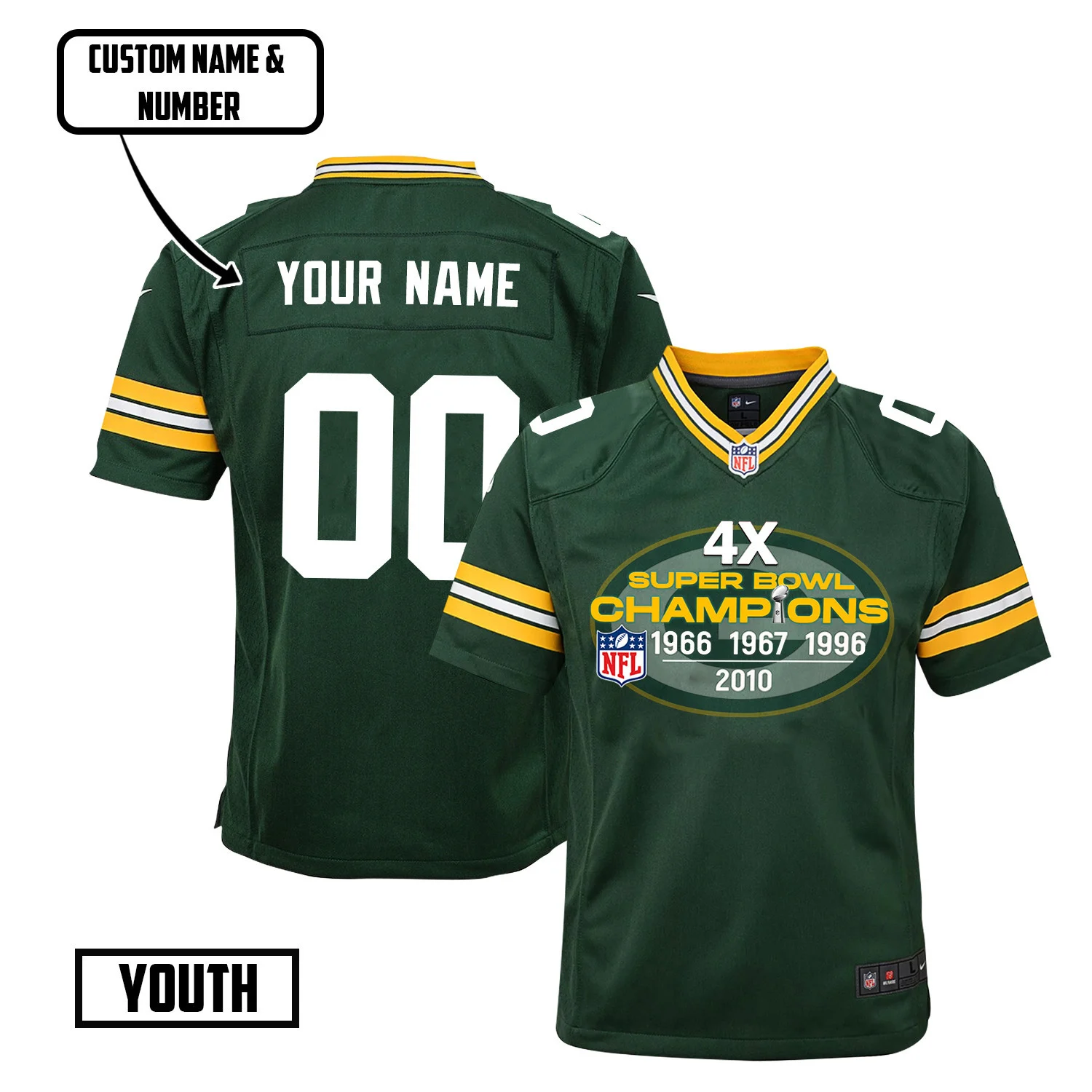 Green Bay Packers 4X Super Bowl Champions Jersey - Youth, Green