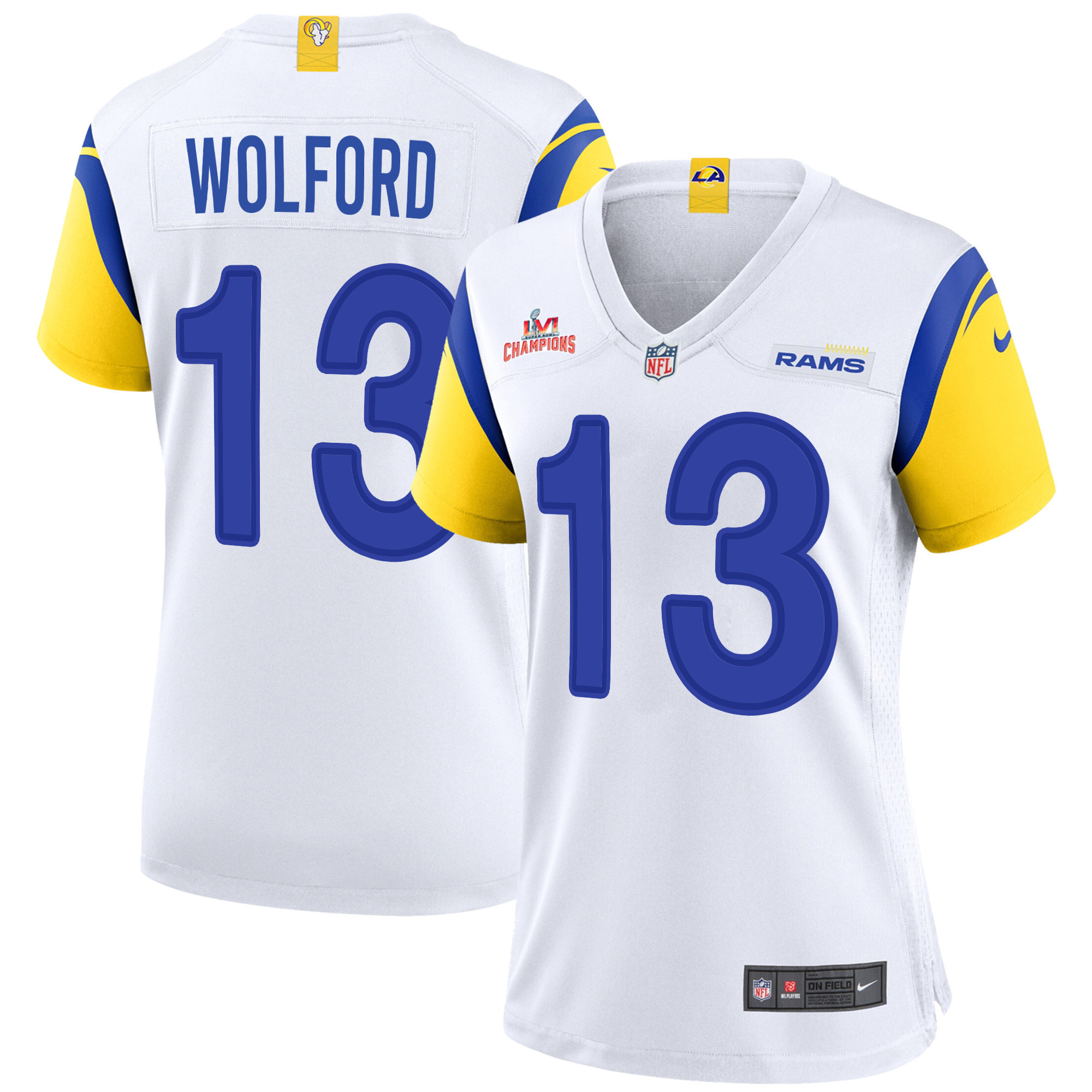 Super Bowl LVI Champions Los Angeles Rams John Wolford 13 White Women's Jersey Jersey