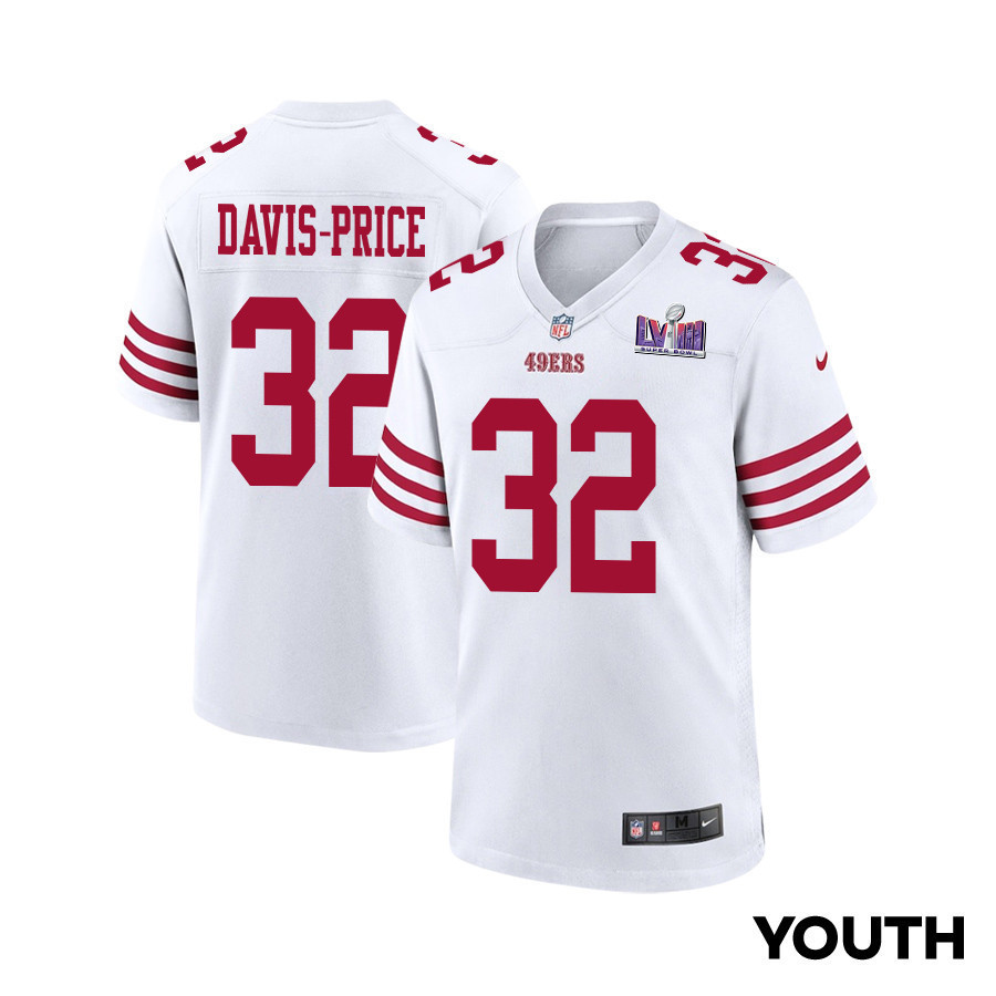 Tyrion Davis-Price 32 San Francisco 49ers Super Bowl LVIII Patch Game YOUTH Jersey - White