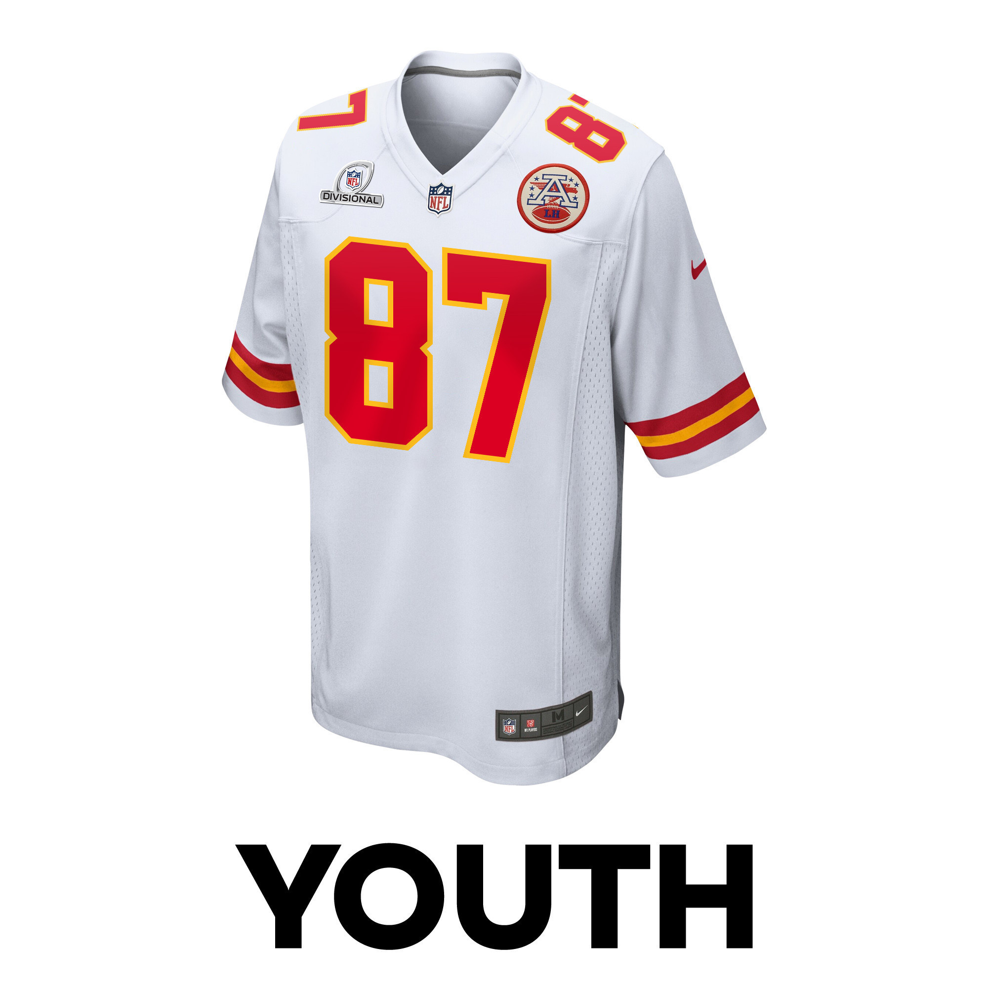 Travis Kelce 87 Kansas City Chiefs Super Bowl LVIII Patch Game YOUTH Jersey - White