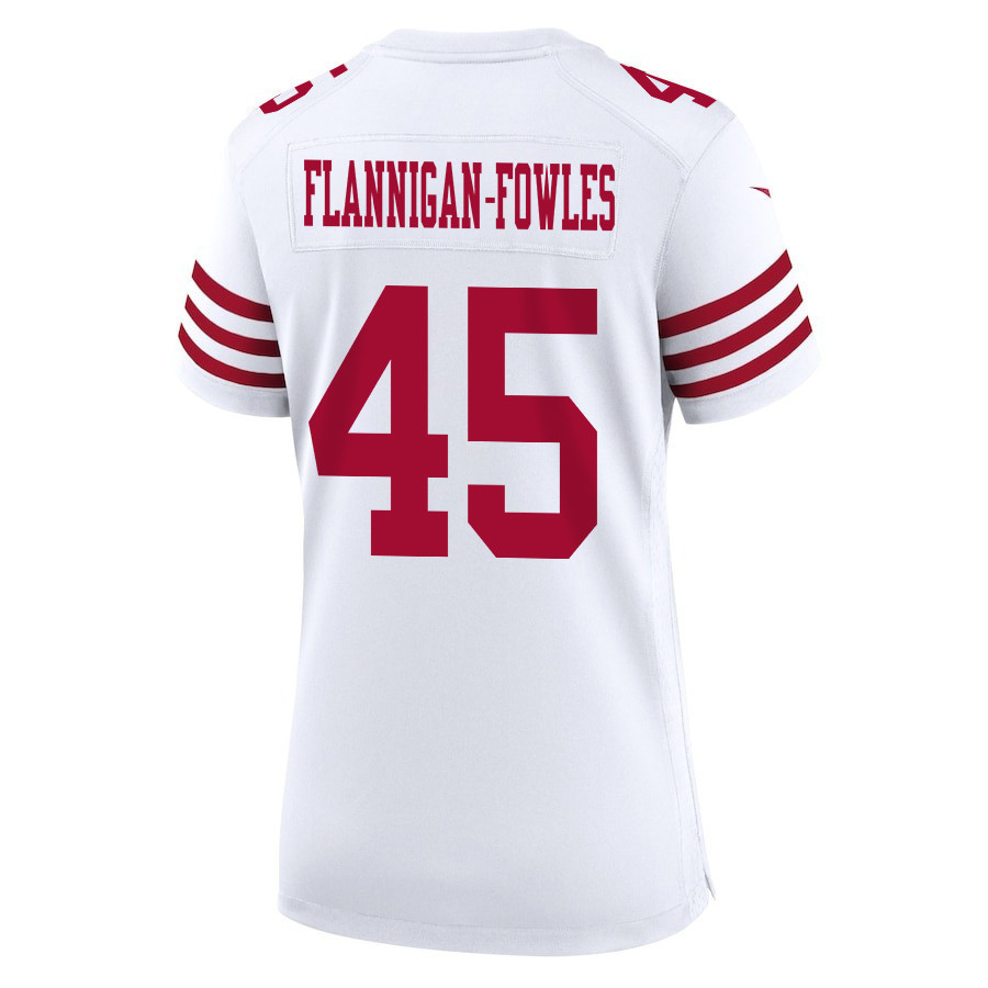 Demetrius Flannigan-Fowles 45 San Francisco 49ers Super Bowl LVIII Patch Game Women Jersey - White