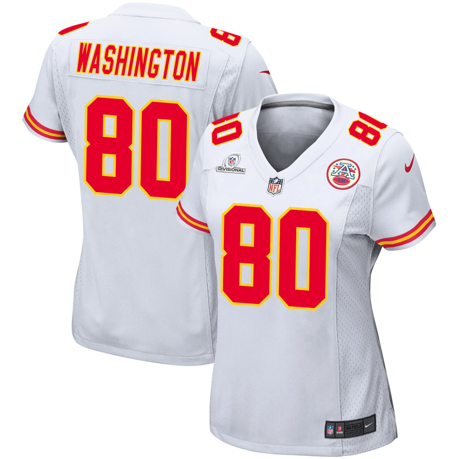 Montrell Washington 80 Kansas City Chiefs Super Bowl LVIII Patch Game Women Jersey - White