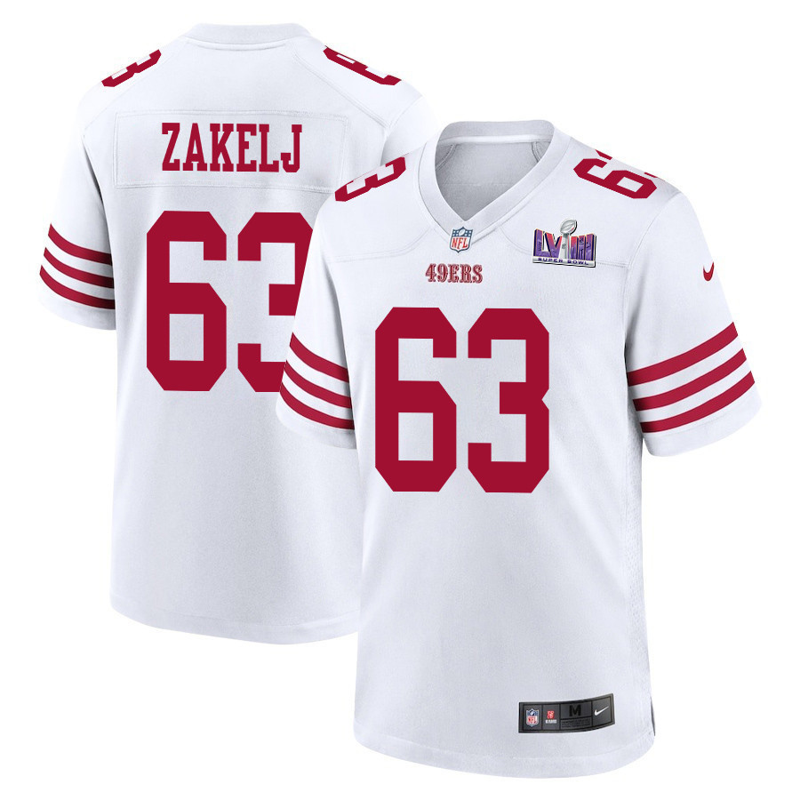Nick Zakelj 63 San Francisco 49ers Super Bowl LVIII Patch Game Men Jersey - White