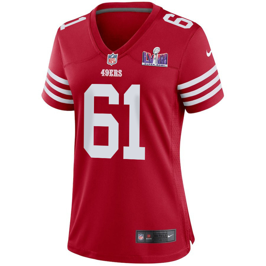 Corey Luciano 61 San Francisco 49ers Super Bowl LVIII Patch Game Women Jersey - Scarlet