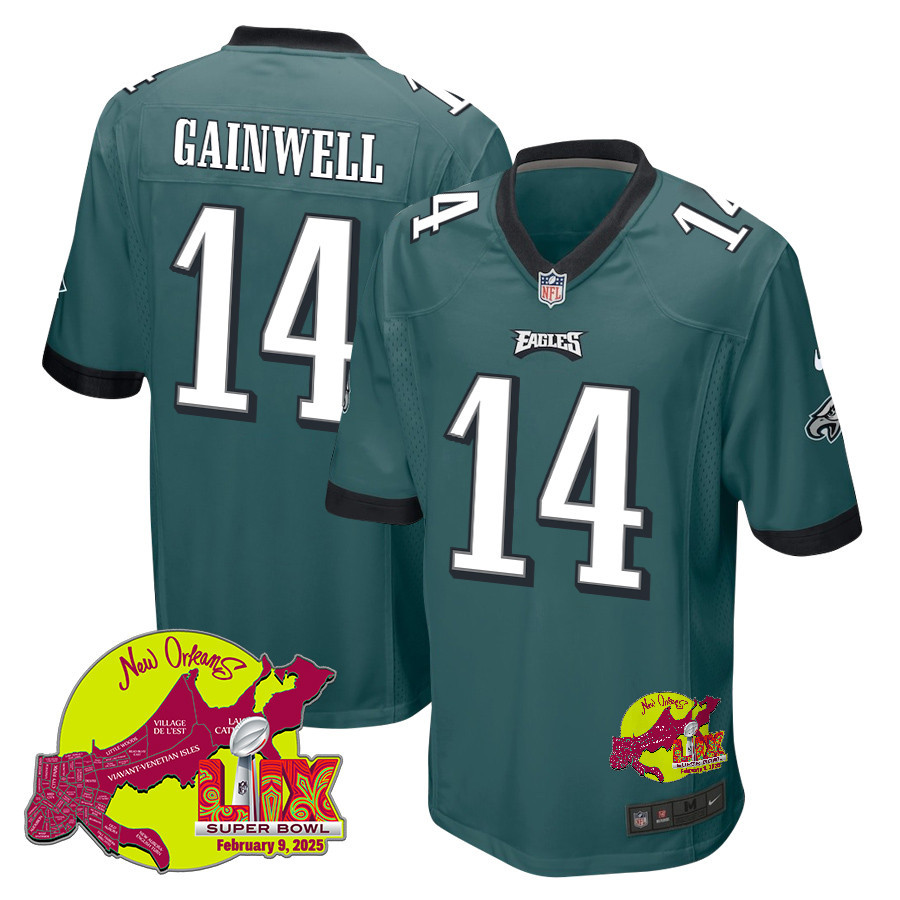 Kenneth Gainwell 14 Philadelphia Eagles Super Bowl LIX New Orleans Patch Game Men Jersey - Midnight Green