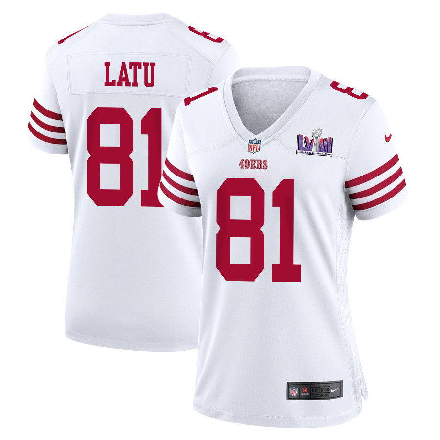 Cameron Latu 81 San Francisco 49ers Super Bowl LVIII Patch Game Women Jersey - White