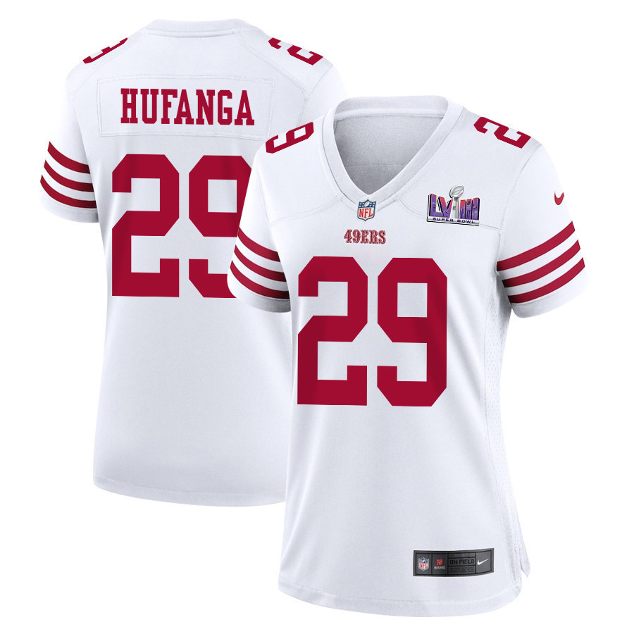 Talanoa Hufanga 29 San Francisco 49ers Super Bowl LVIII Patch Game Women Jersey - White