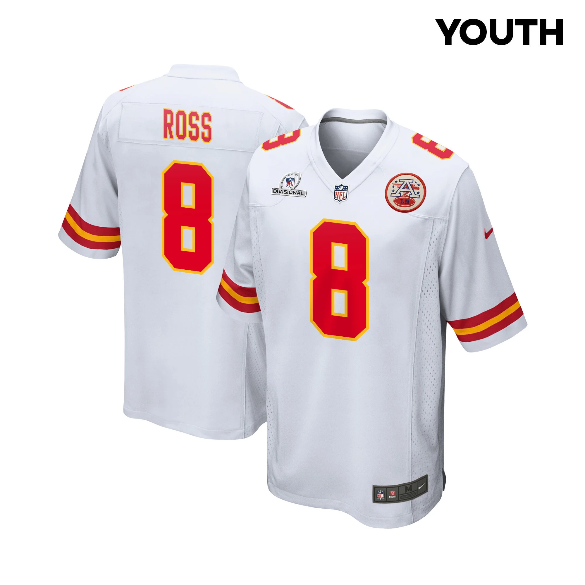 Justyn Ross 8 Kansas City Chiefs Super Bowl LVIII Patch Game YOUTH Jersey - White
